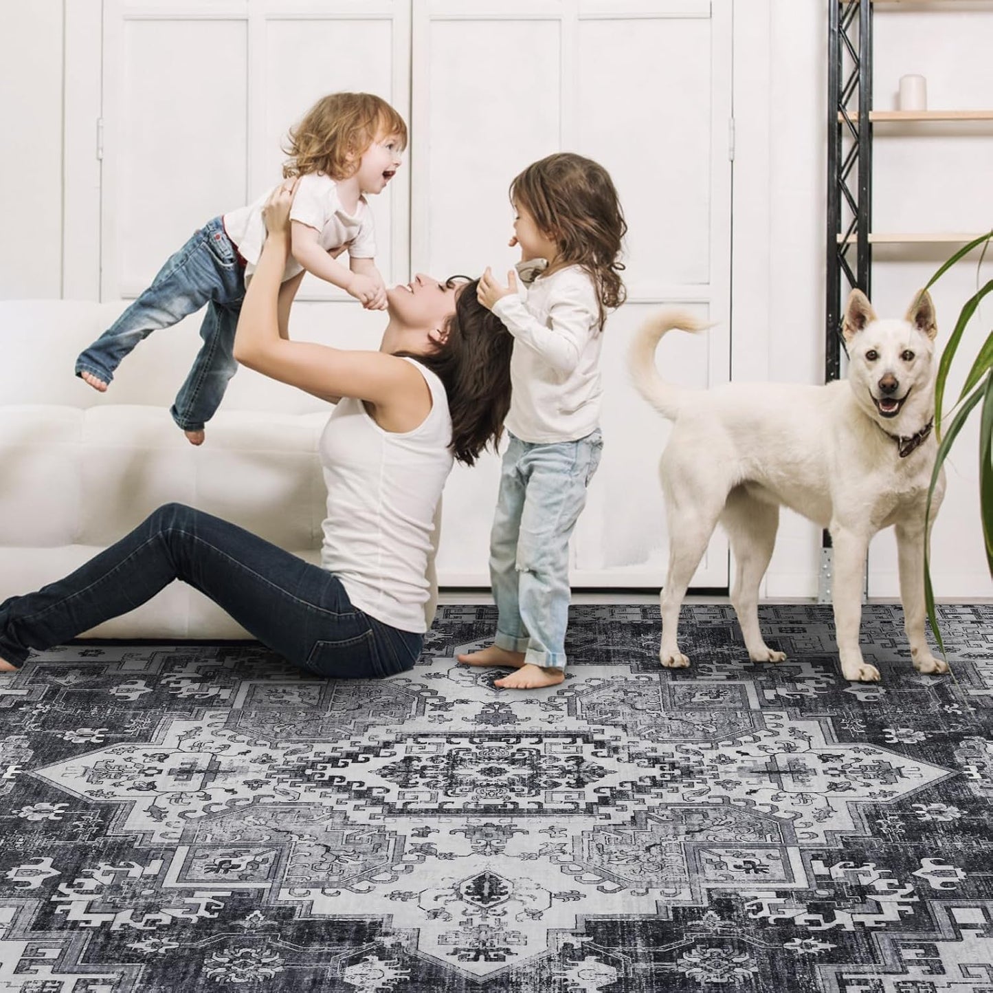 Washable Rugs 5x7 Area Rugs for Living Room, Thin Carpet for Bedroom, Soft Faux Wool Retro Dining Room Rug，Non Slip&Non-Shedding Resistant Low Pile Vintage Print Rug for Home Office (Medium Gray)