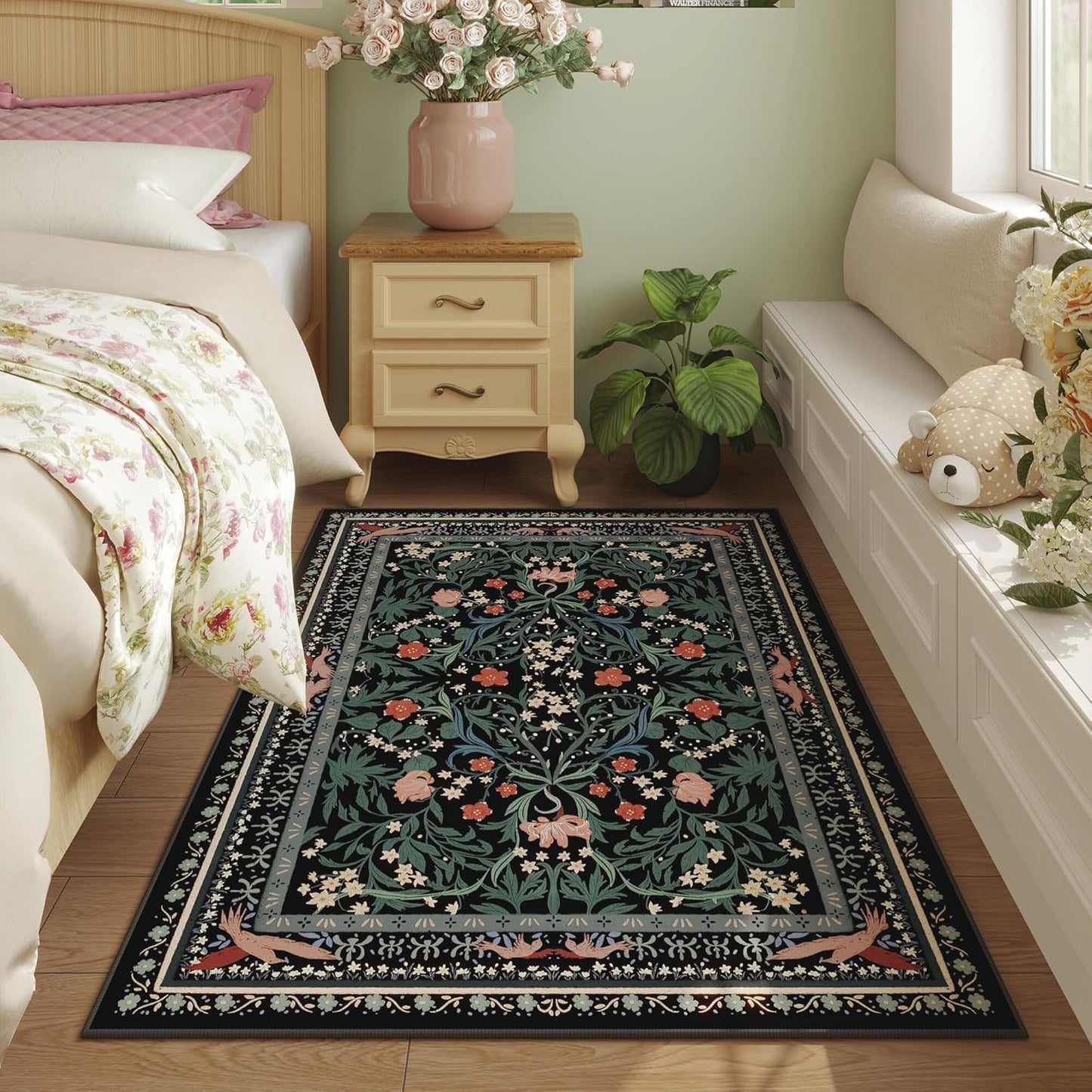 Area Rug 4x6 Rug Washable Vintage Floral Botanical Rugs Non Slip Low Pile Small Carpet for Bedroom, Bedside, Kids Room, Office, Dining Room, Black