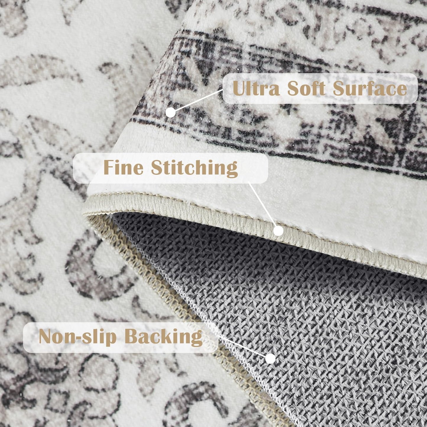 jinchan Runner Rug 2x6 - Machine Washable Beige Vintage Floral Distressed Design Soft Non-Slip Low-Pile Ultra-Thin Runner Rug for Kitchen Hallway Laundry Room Entryway Farmhouse (2‘x6',Beige)