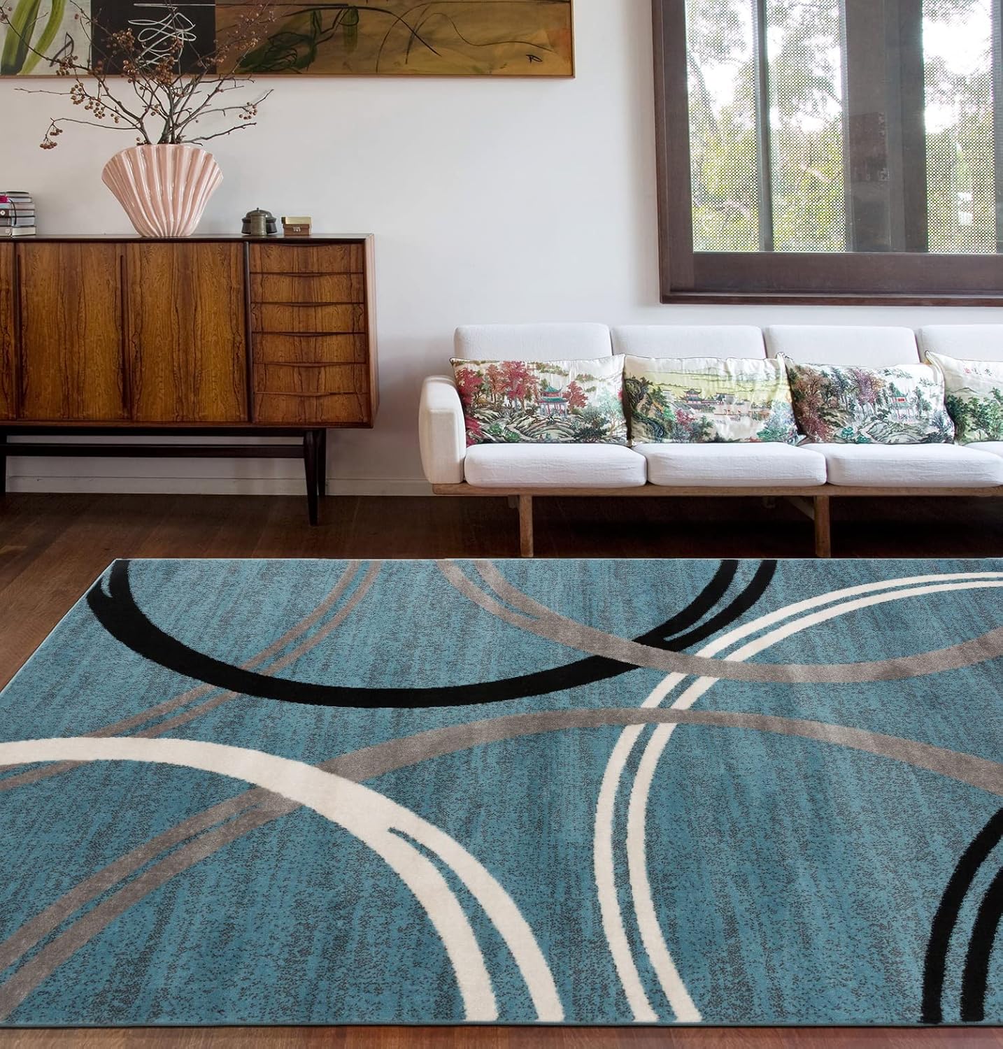 Rugshop Modern Wavy Circles Design Area Rug 6'6" x 9' Blue