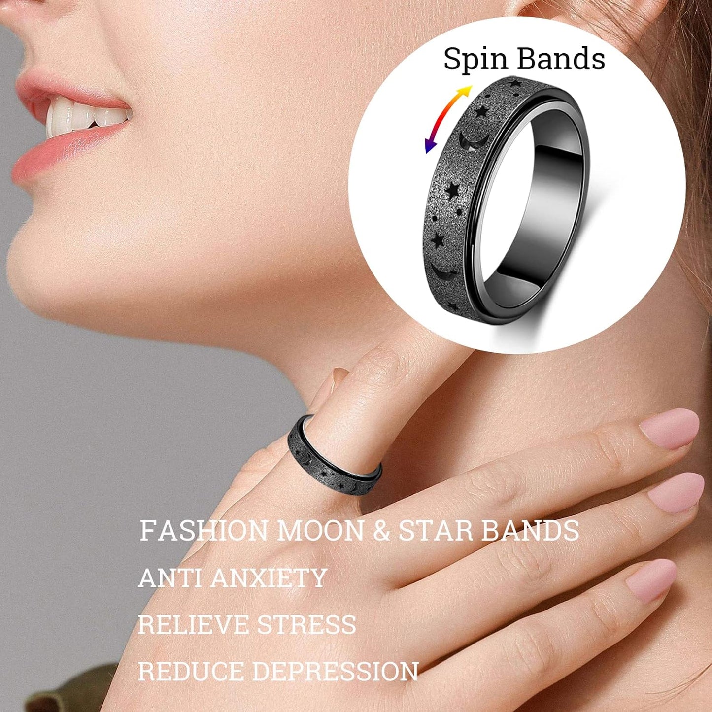 OreilleStar Anxiety Ring for Women Spinner Ring Fidget Ring Fidget Toys Adults Stainless Steel Spinner Rings Fidget Rings for Women Anxiety Fidget Ring Men (Moon Star-Black, 9)