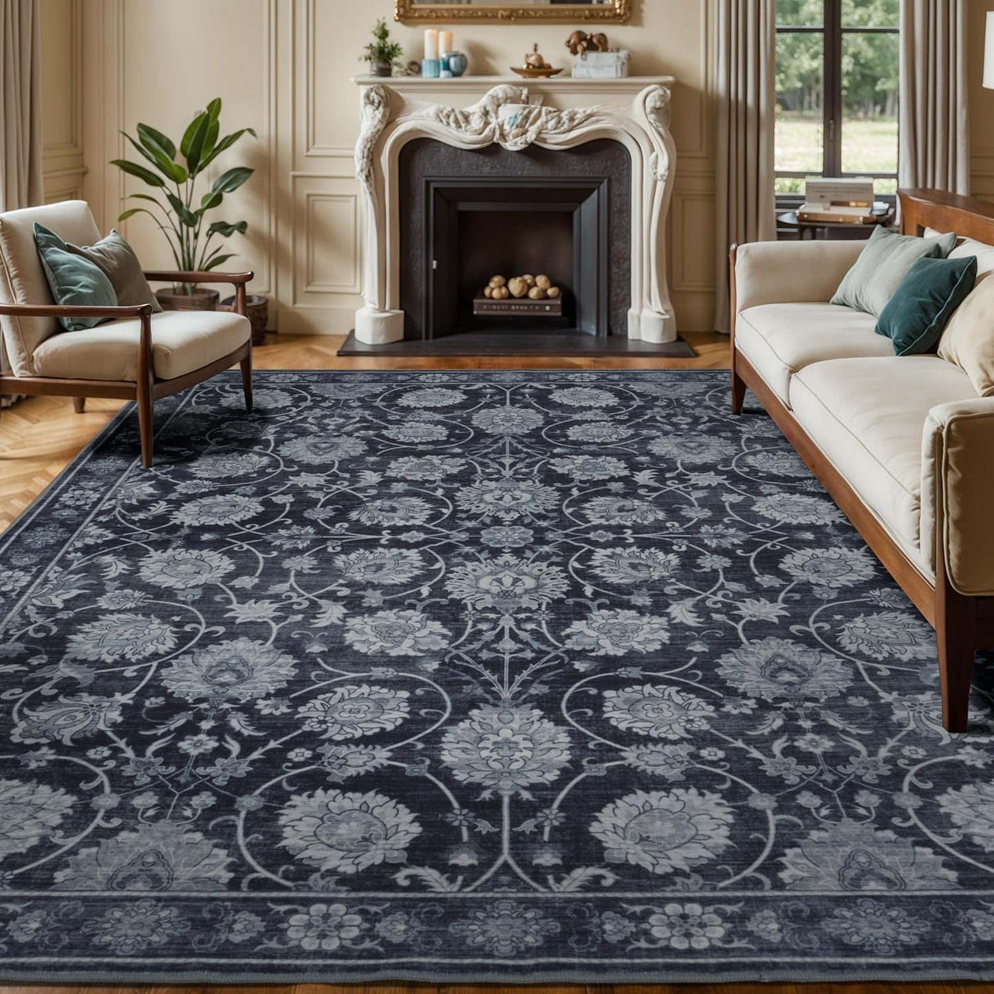 Black 9x12 Area Rug for Living Room, Washable Large Rugs, Vintage Floral Soft Carpet, Non Slip & Low Pile, Wool Carpets for Indoor Bedroom Dining Home Playroom Office Under Table, Black