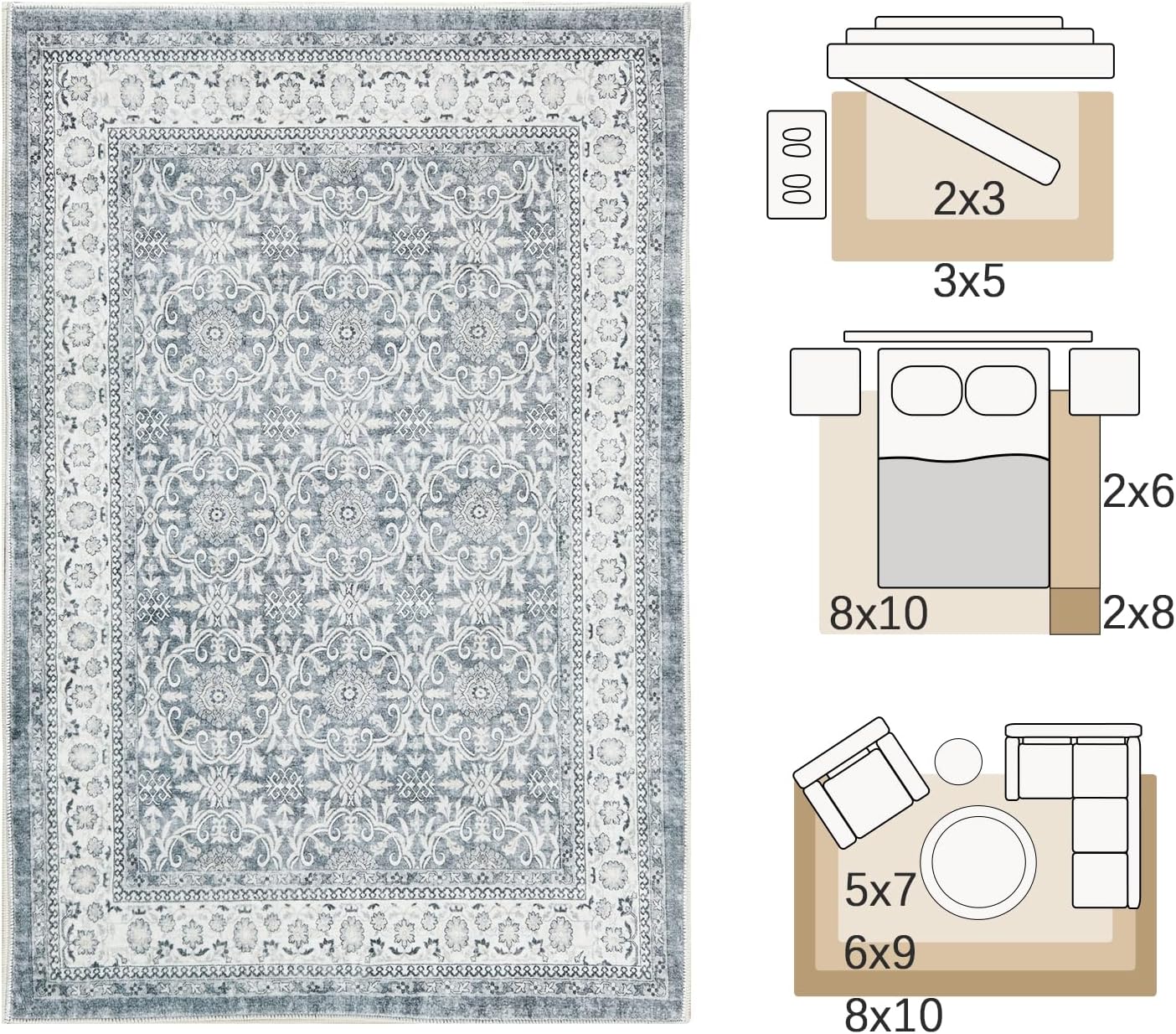 jinchan Floral 6x9 Area Rugs for Living Room - Machine Washable Vintage Distressed Boho Design Throw Rug Stain Resistant Carpet Low-Pile Thin Non-Slip for Bedroom Dining Room Nursery (6‘x9',Grey)