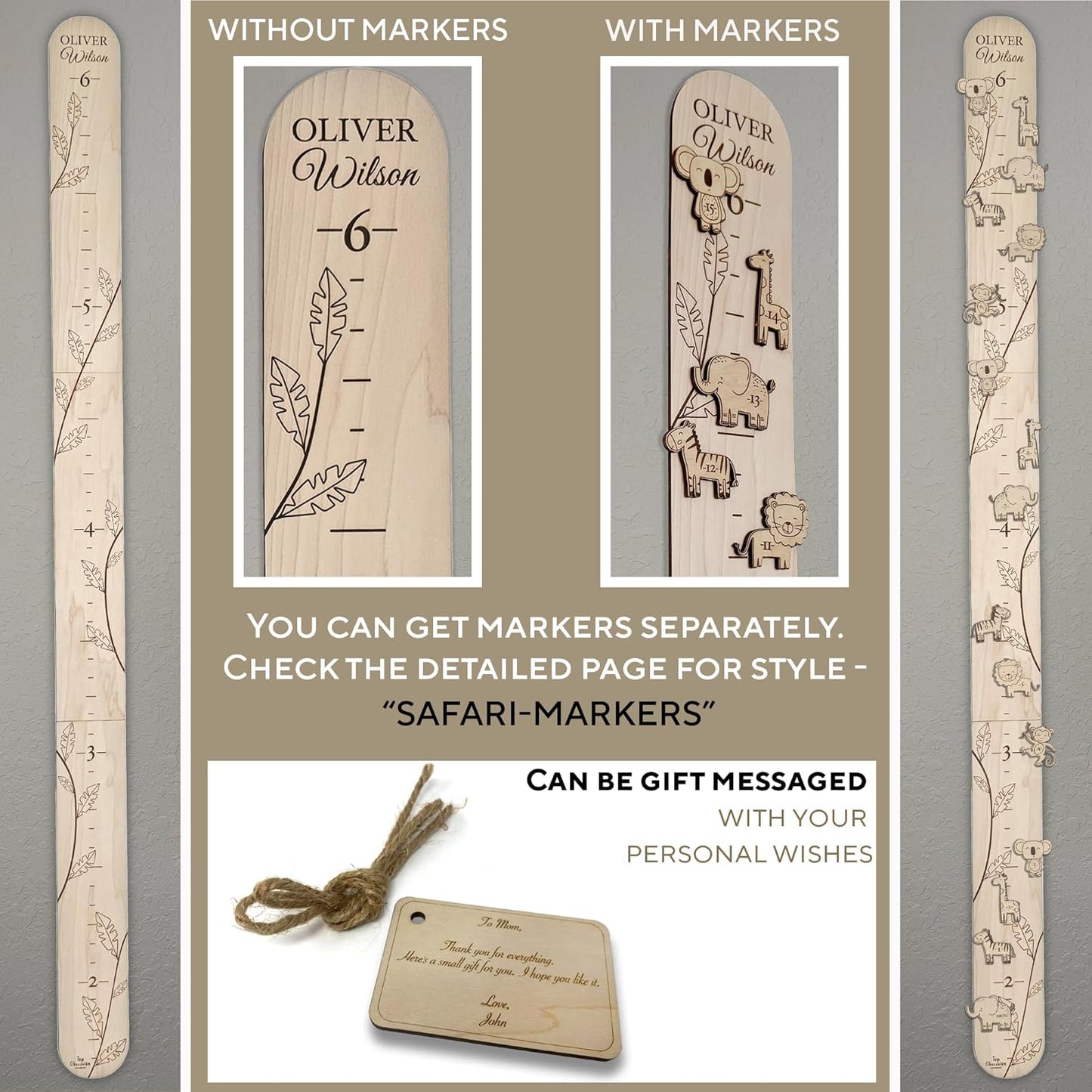 Personalized Jungle Growth Chart Wood - Engraved Growing Ruler Chart for Kids, Children Measuring Height Chart Baby Boy, Large Measuring Board Wooden, Animals Growing Wall Measurement, 2 Sizes