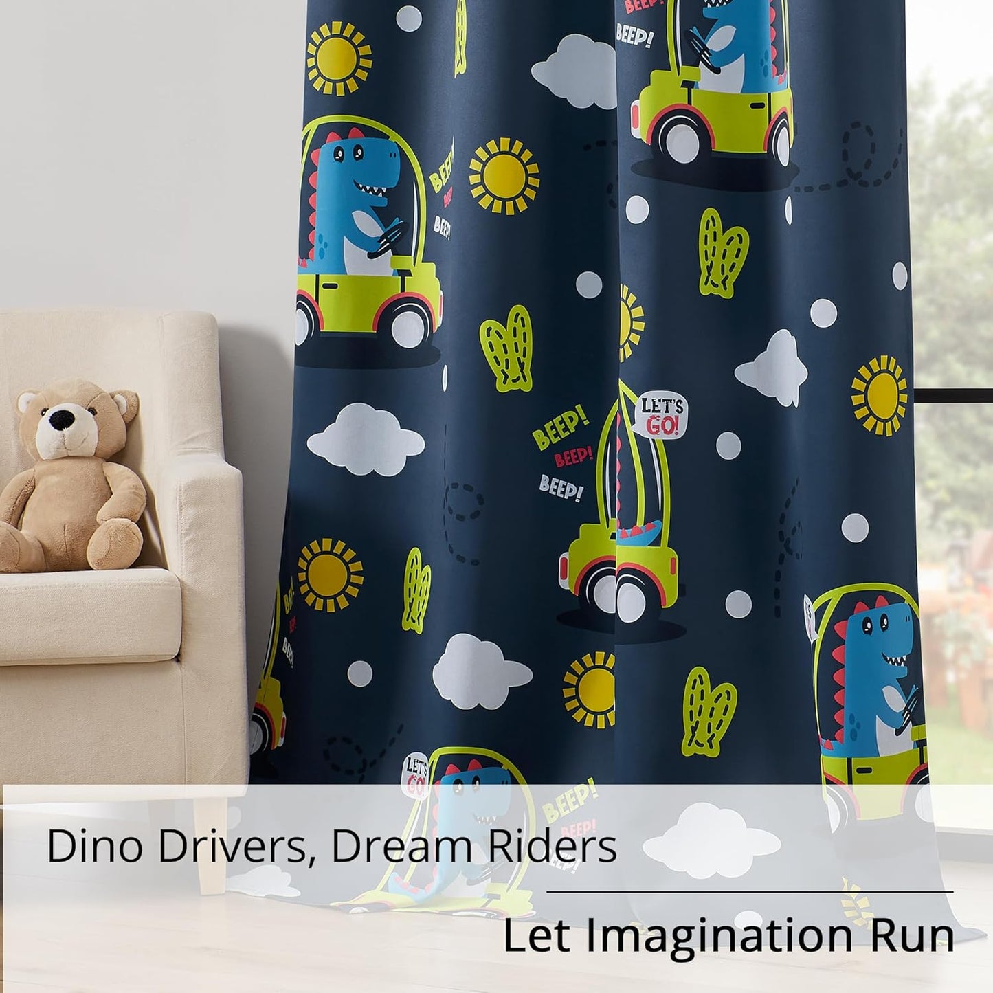 Kids Dinosaur Blackout Curtains - 2 Panels, Each W52*L96 with 100% Blackout, Thermal Insulated, and Noise Reducing, Perfect for Kids Room, Bedroom, Nursery
