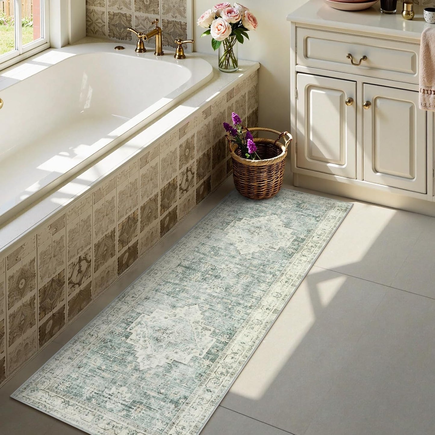 LIVEBOX Washable Rug 2x4 Kitchen Mats for Floor Entryway, Non Slip Front Door Mat for Bathroom Hallway, Boho Low-Pile Small Carpet Farmhouse Indoor Runner Rugs for Bath, Sage Green