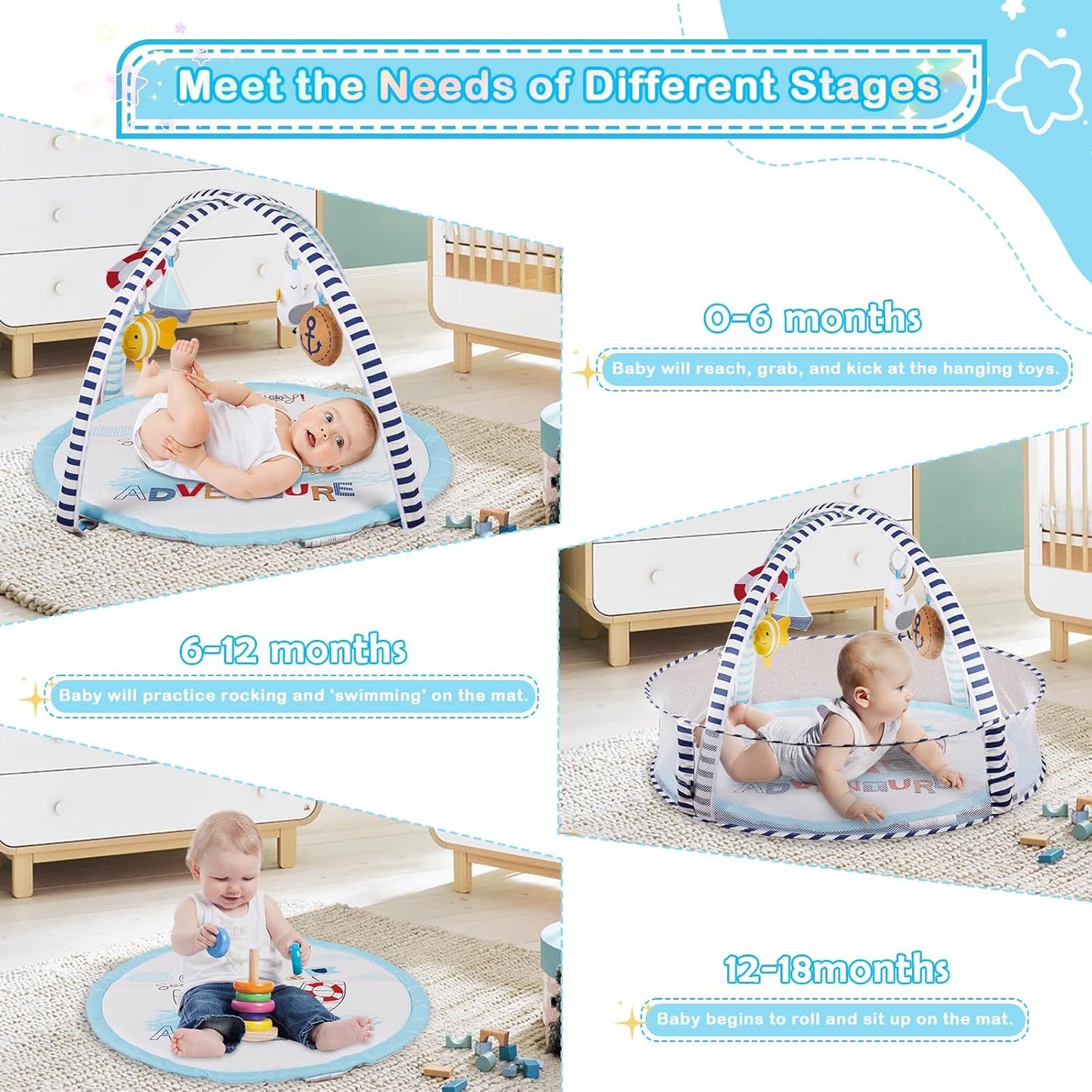 Baby Play Mat, 4-in-1 Baby Play Gym Tummy Time Mat with Ball Pit and 5 Detachable Toys for Newborn to Develop Sensory Exploration and Motor Skill 0-6-12 Months