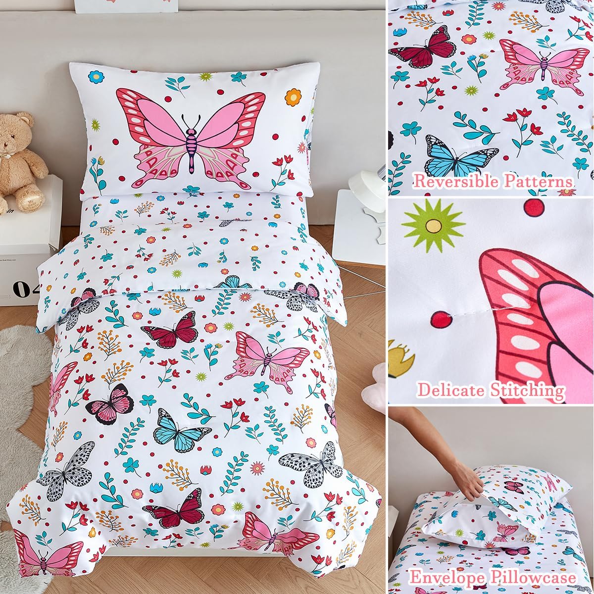 PERFEMET 4-Piece Girls Butterfly Bedding in Pink Floral - Reversible Colorful Flower Toddler Bed Comforter Set for All Season (White, Butterfly)