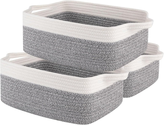 OIAHOMY 3 Pack Storage Baskets for Organizing, Woven Cotton Rope Basket for Shelves, Closet Organizer Bins with Handles, Rectangle Toy Organization, 13.78''×9.84''×5.5'', Grey & White