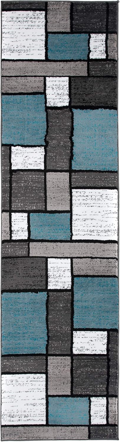 Rugshop Contemporary Modern Boxes for Home Office,Living Room,Bedroom,Kitchen Non Shedding Runner Rug 2' x 7'2" Blue/Gray
