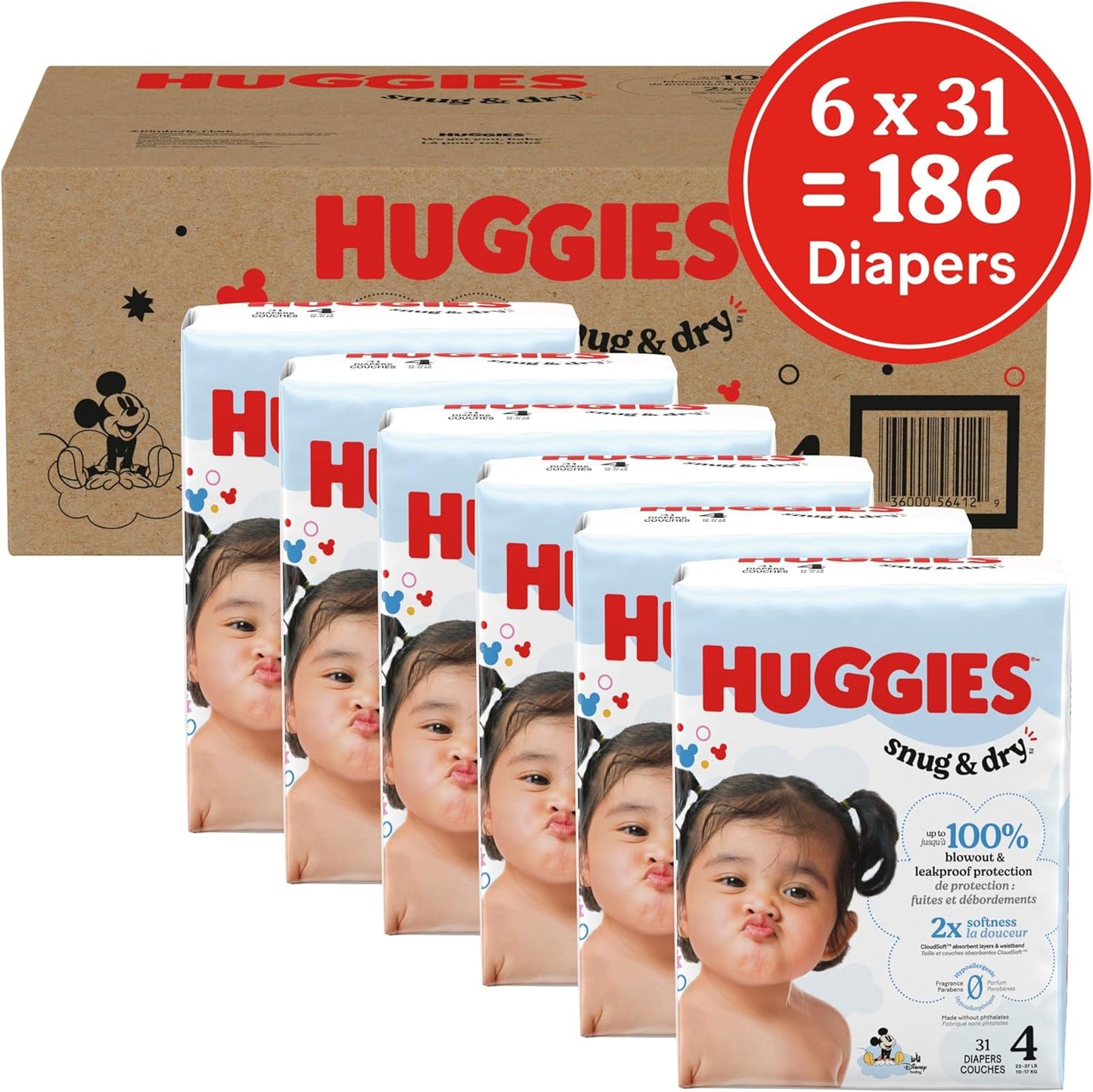 Huggies Size 4 Diapers, Snug & Dry Baby Diapers, Size 4 (22-37 lbs), 186 Count (6 Packs of 31), Packaging May Vary