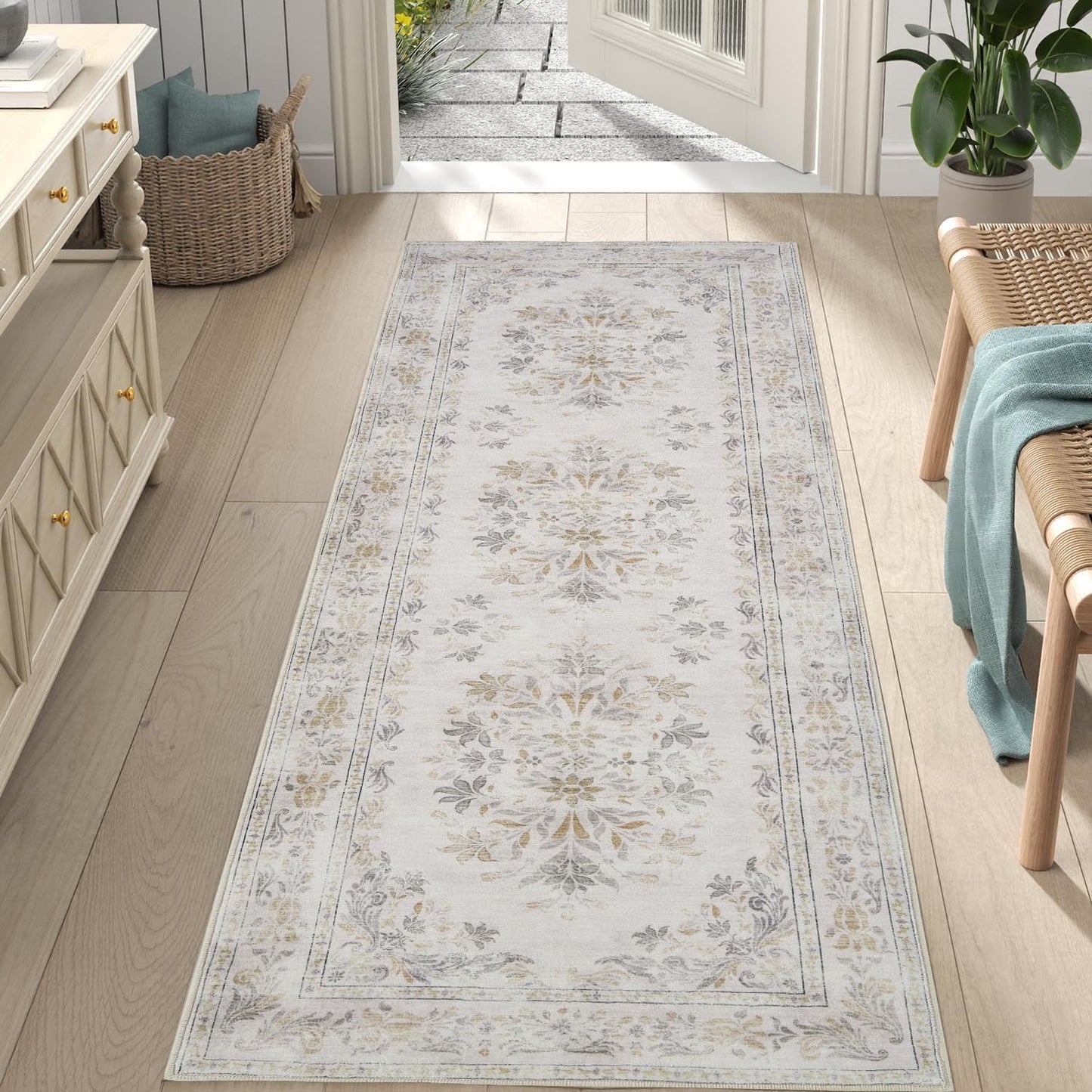 jinchan Hallway Runner Rug 2x8 Vintage Floral Distressed Design - Machine Washable Non-Slip Low-Pile Soft Thin Faux Wool Kitchen Carpet for Farmhouse Bedroom Laundry Room(2x8ft,Light Grey)