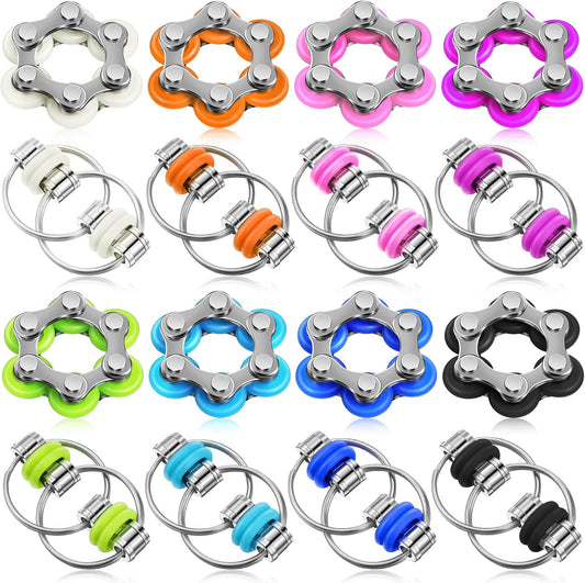 CHENGU 16 Pcs Fidget Toys Set Include 8 Six Roller Chain and 8 Key Flippy Chain Stress Reducer Bike Chain Toys Anxiety Relief Bike Chain for Teens Adults ADHD, Add, Autism (Cute)