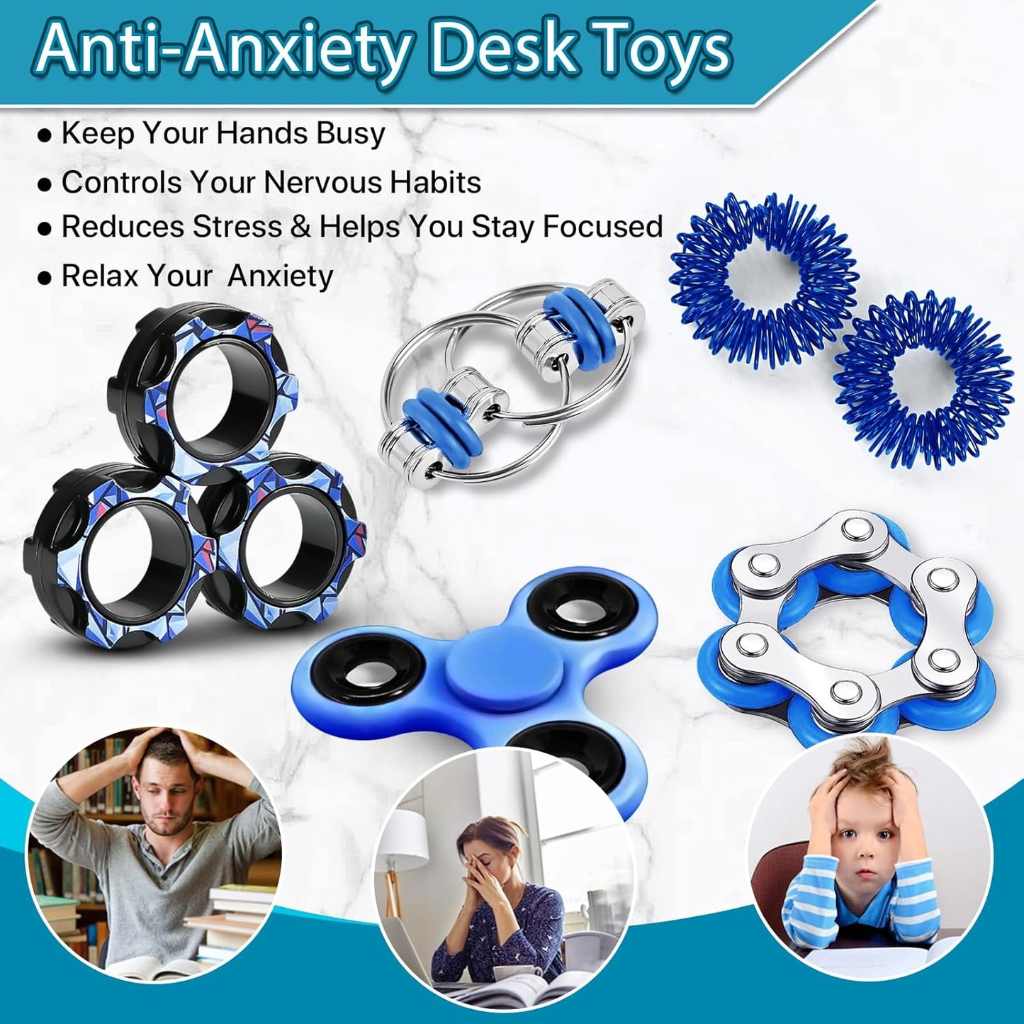 Fidget Toys Adults Pack 6Pcs, EDC Fidgeting Game for Kids Teen Cool Mini Gadget Desk Toys Figette Spinner Figits Rings Classroom ADHD Stress Anxiety Relief Toy Unique Gift for Boys Girls-Blue