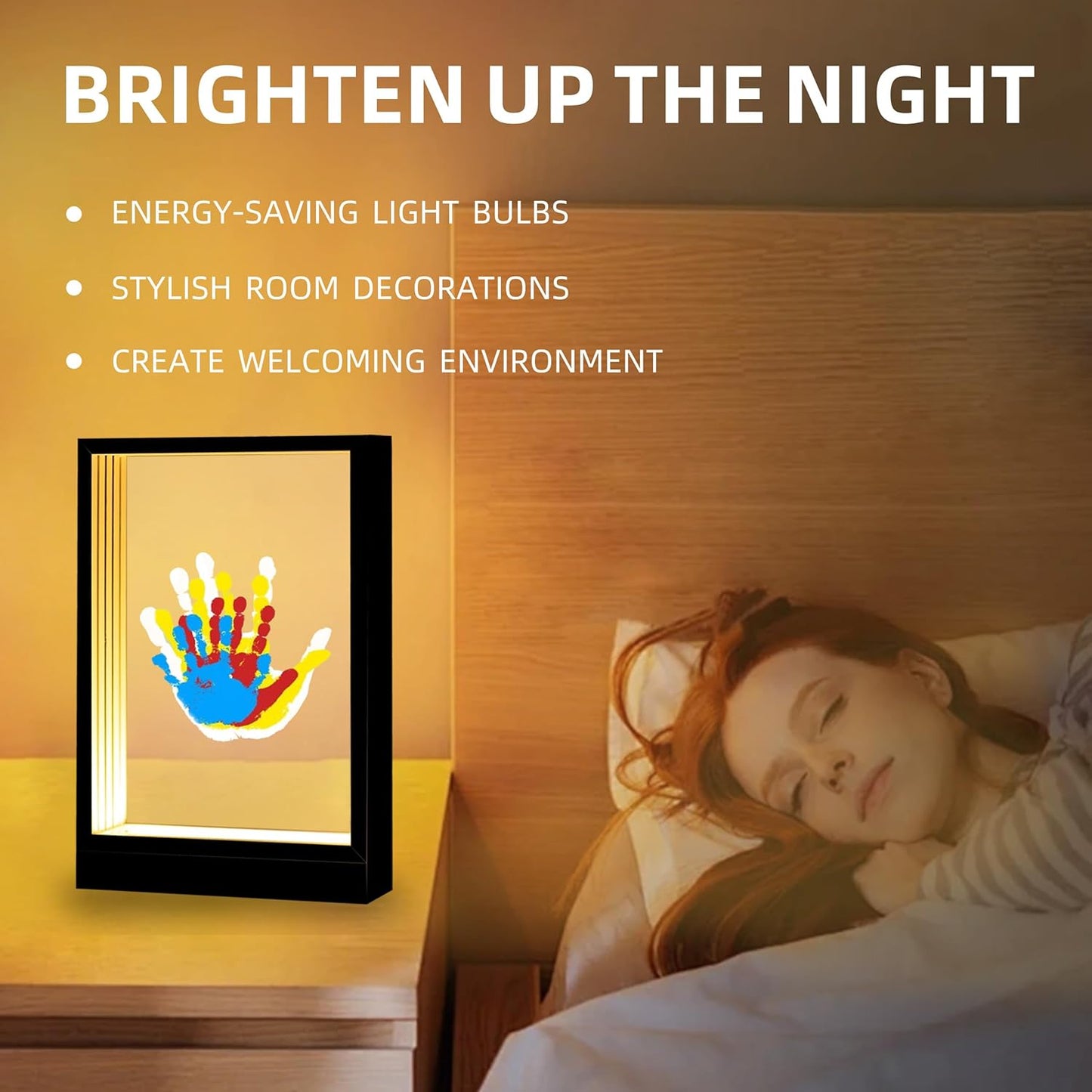 CHERRY CHEERS Family Handprint Kit with Light, Handprint Keepsake Frame, Wooden Led Light, Easy Install, No Need Screw etc, Non-Toxic Paints (Black)