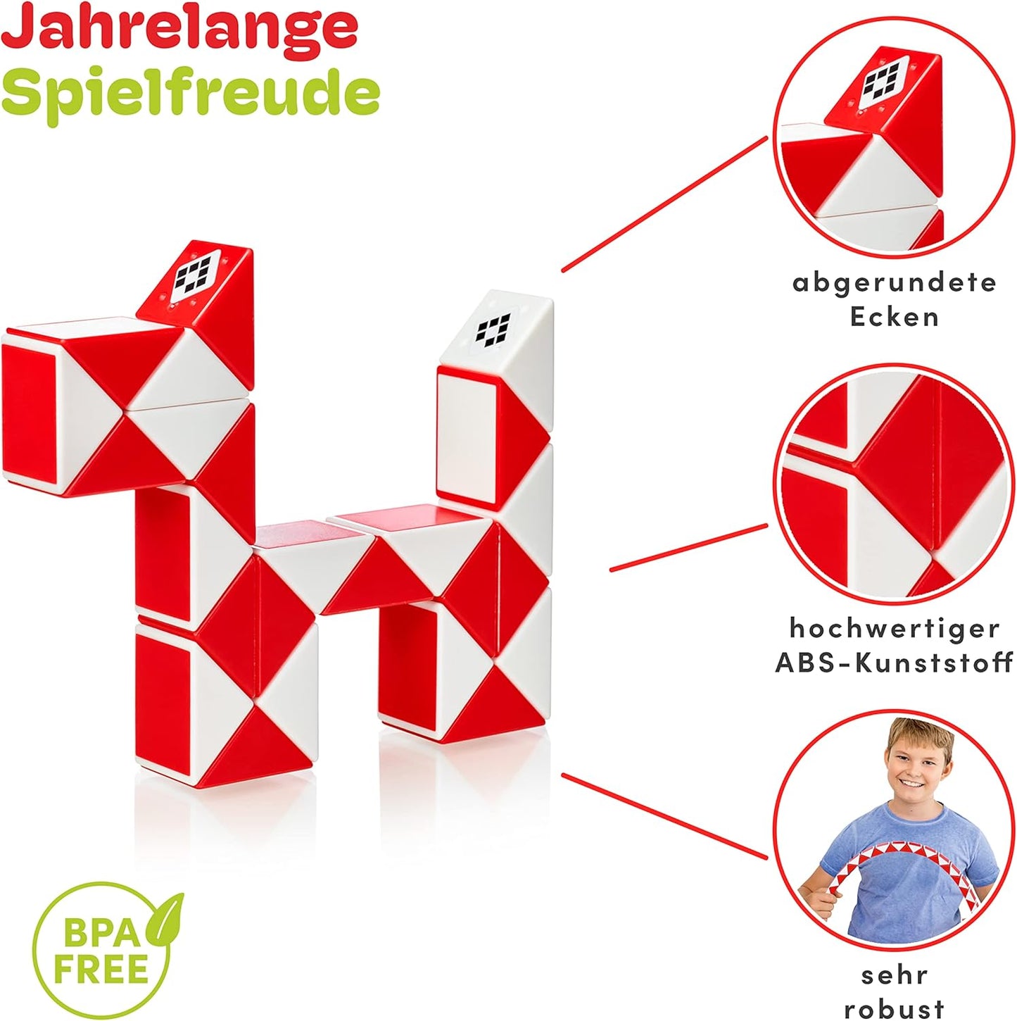 CUBIDI® Magic Snake Cube | Fidget Snake Toy for Kids | Travel Toys for Kids Ages 4-8 | Great Gift for Boys and Girls Birthday, Christmas, Stocking Stuffers - 24 Blocks | 0.9 inch x 0.7 inch | Red