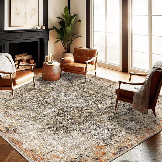 Area Rug 10'x14' Washable Vintage Traditional Mat Distressed Indoor Foldable Thin Retro Accent Floral Print Non Slip Carpet for Living Room Dining Room Office Large Rugs