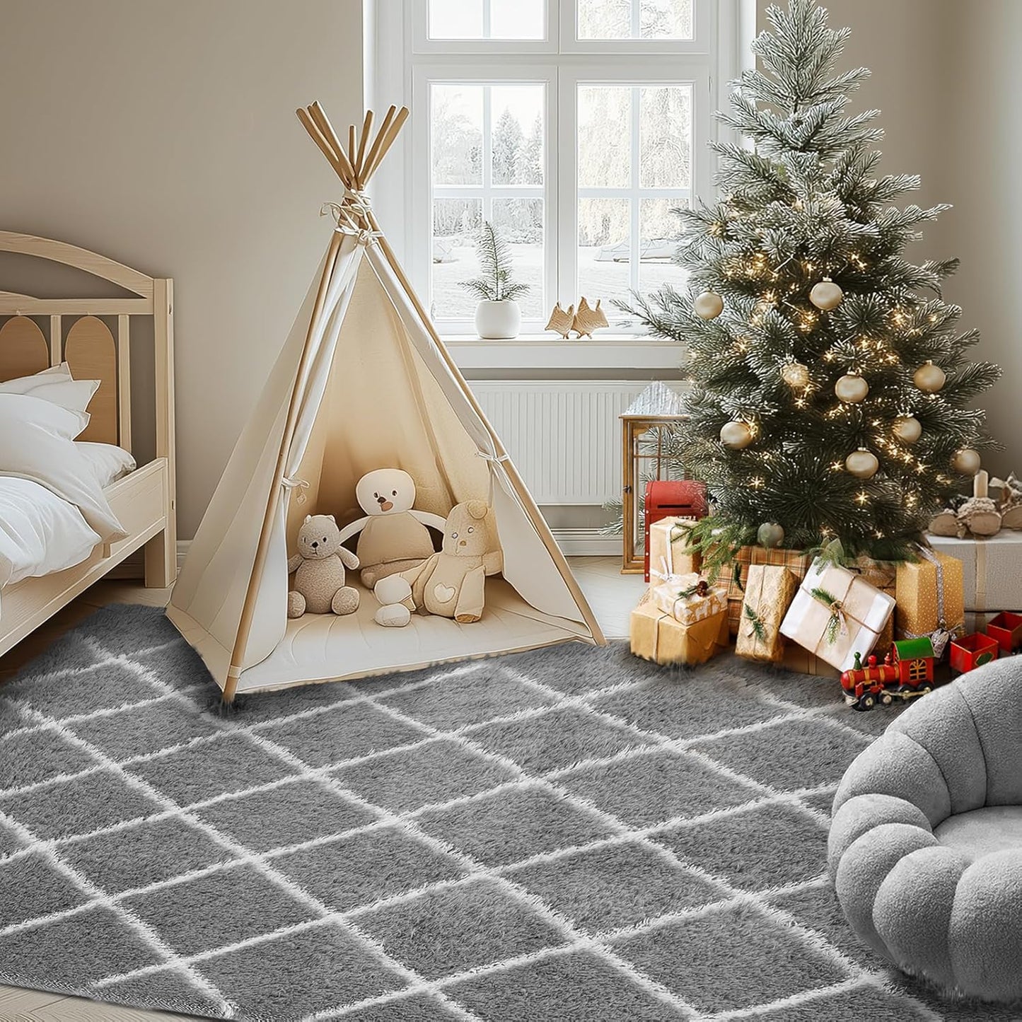 Fluffy Rug for Bedroom, 5X7Feet Stripe Checkered Rug Anti-Skid High Pile for Living Room Bedroom Kids Room Nursery, Dorm Home Decor