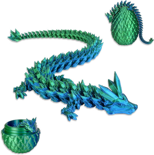 2024 New 3D Printed Dragon in Eggs, 12" Rainbow Crystal Articulated Dragon Fidget Toy for Adult, Easter Eggs Filled with Toys, Home Office Decor Executive Desk Toys (Green)