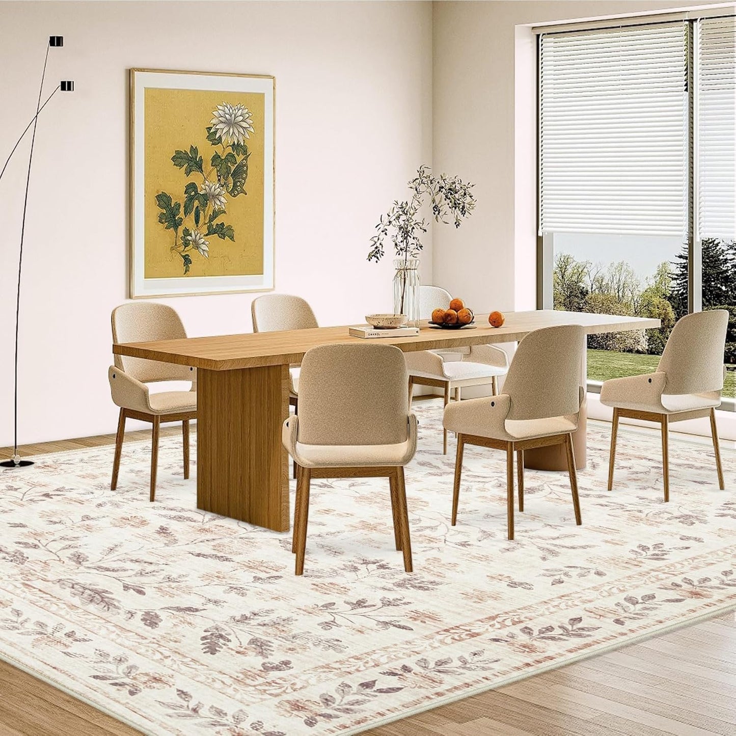 Rugs for Living Room 9x12 Rug, Washable Floral Boho Area Rug Non Slip Soft Low Pile Large Rugs for Bedroom Girls, Dining Room, Office, Kids Playroom(9'x12', Floral Beige)