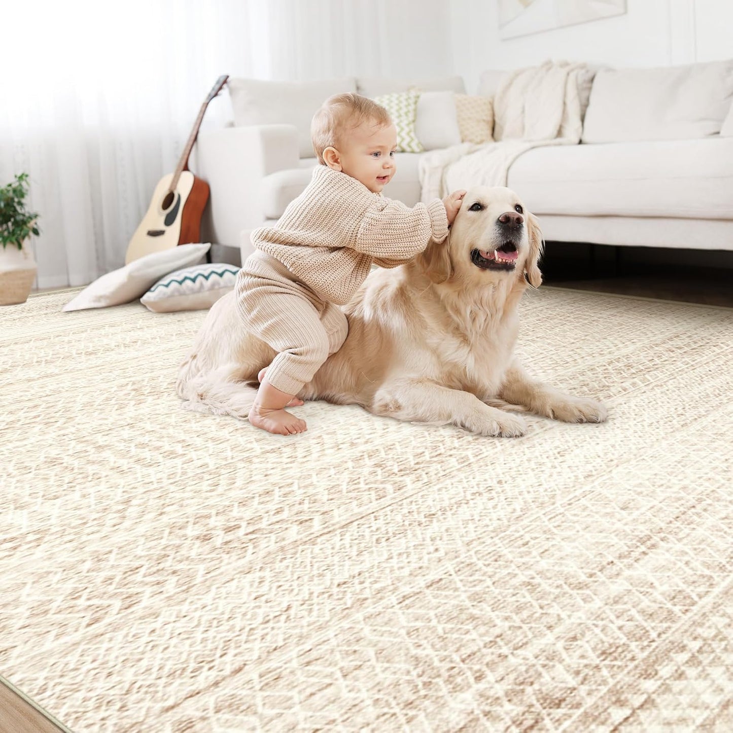 Large Living Room Area Rug 9x12, Machine Washable Vintage Boho Moroccan Rugs Geometric Neutral Rug Non-Shedding Low Pile Distressed Farmhouse Carpet for Bedroom Dining Table Office(9'x12',Ivory Beige)