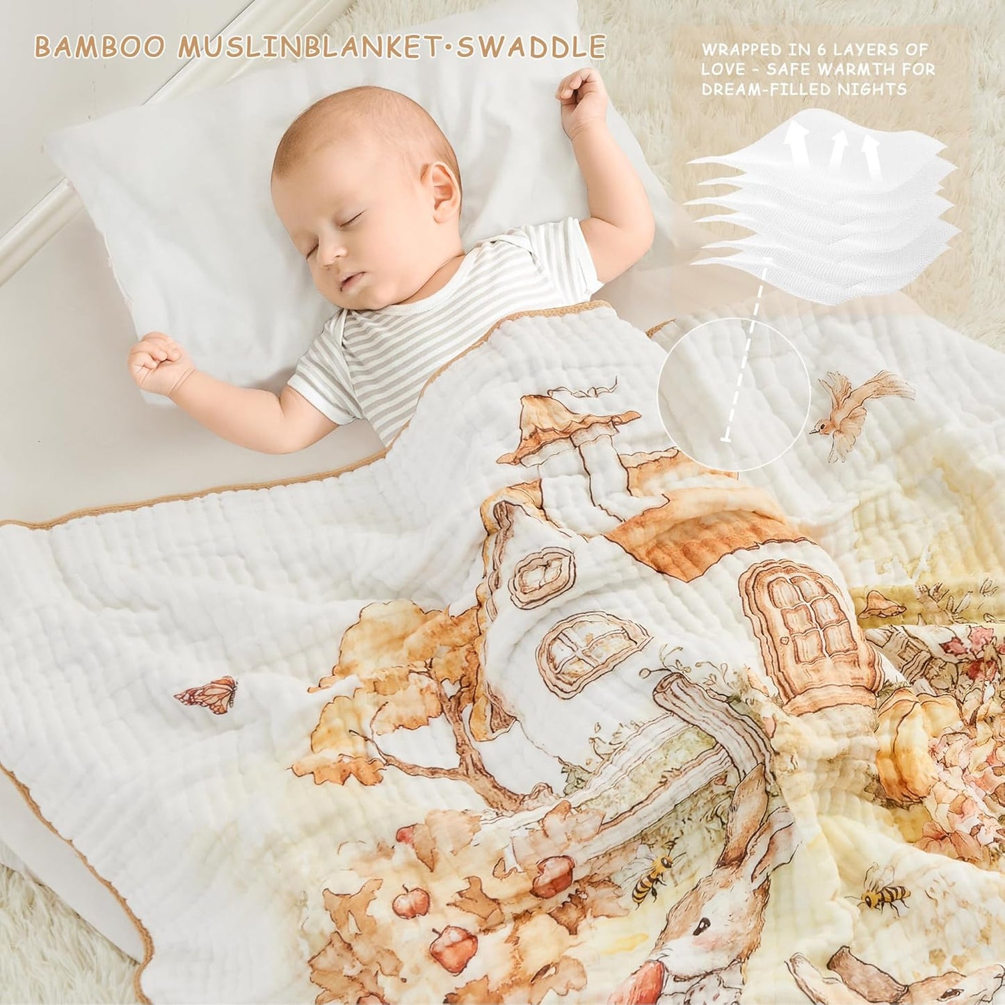 Luxury Muslin Baby Blanket, Cozy Swaddle, 6-Layer Cotton Receiving Blanket for Newborn Infant, 43x43 Inch Lightweight Breathable Crib Blanket, Nursery Stroller Toddler Quilt, Rabbits