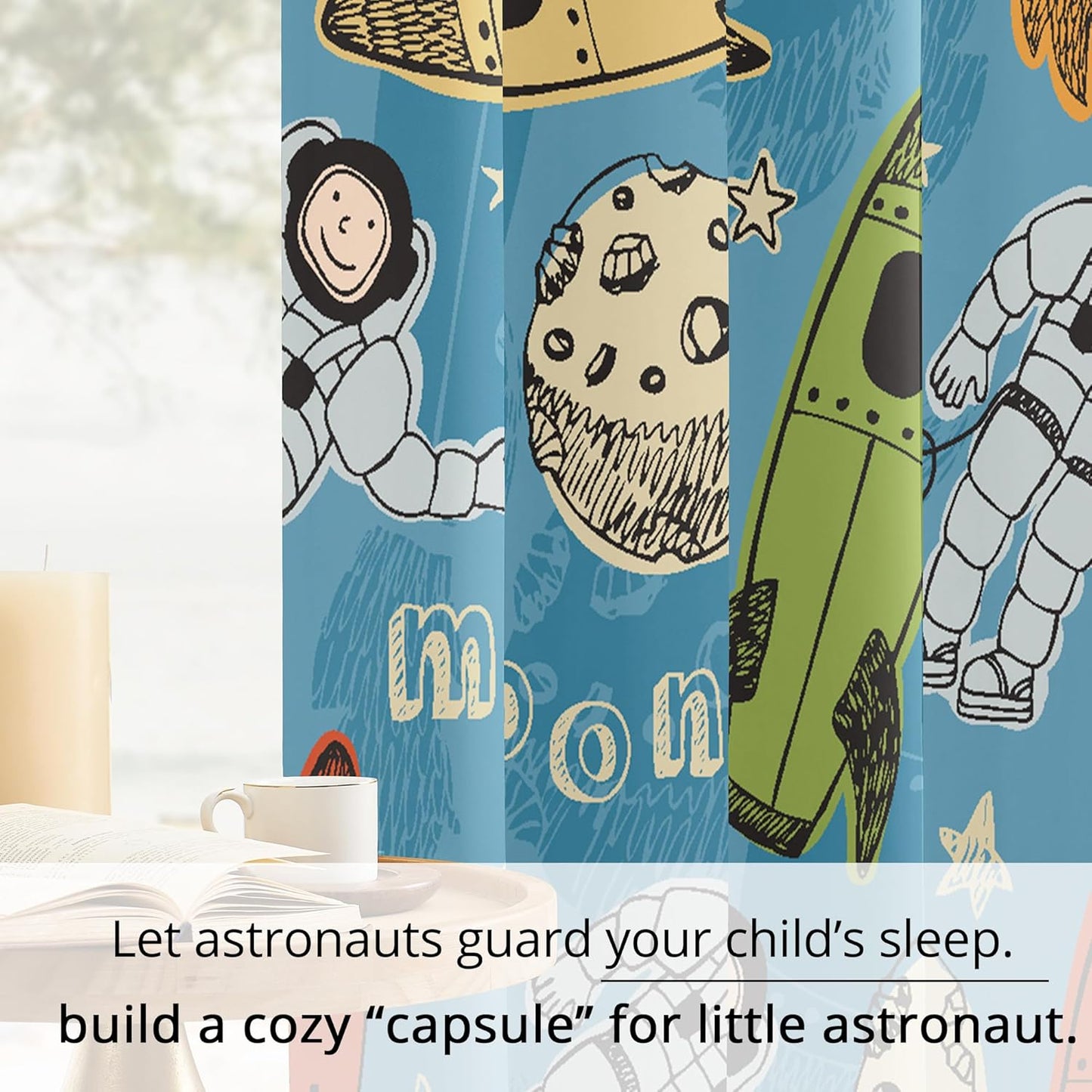 Kids Astronaut and Rocket Blackout Curtains - 100% Blackout, Thermal Insulated, Noise Reducing, Bring The Cosmos Closer to Your Kid’s Room, 2 Panels (Moonbound Adventure, W52×L84)