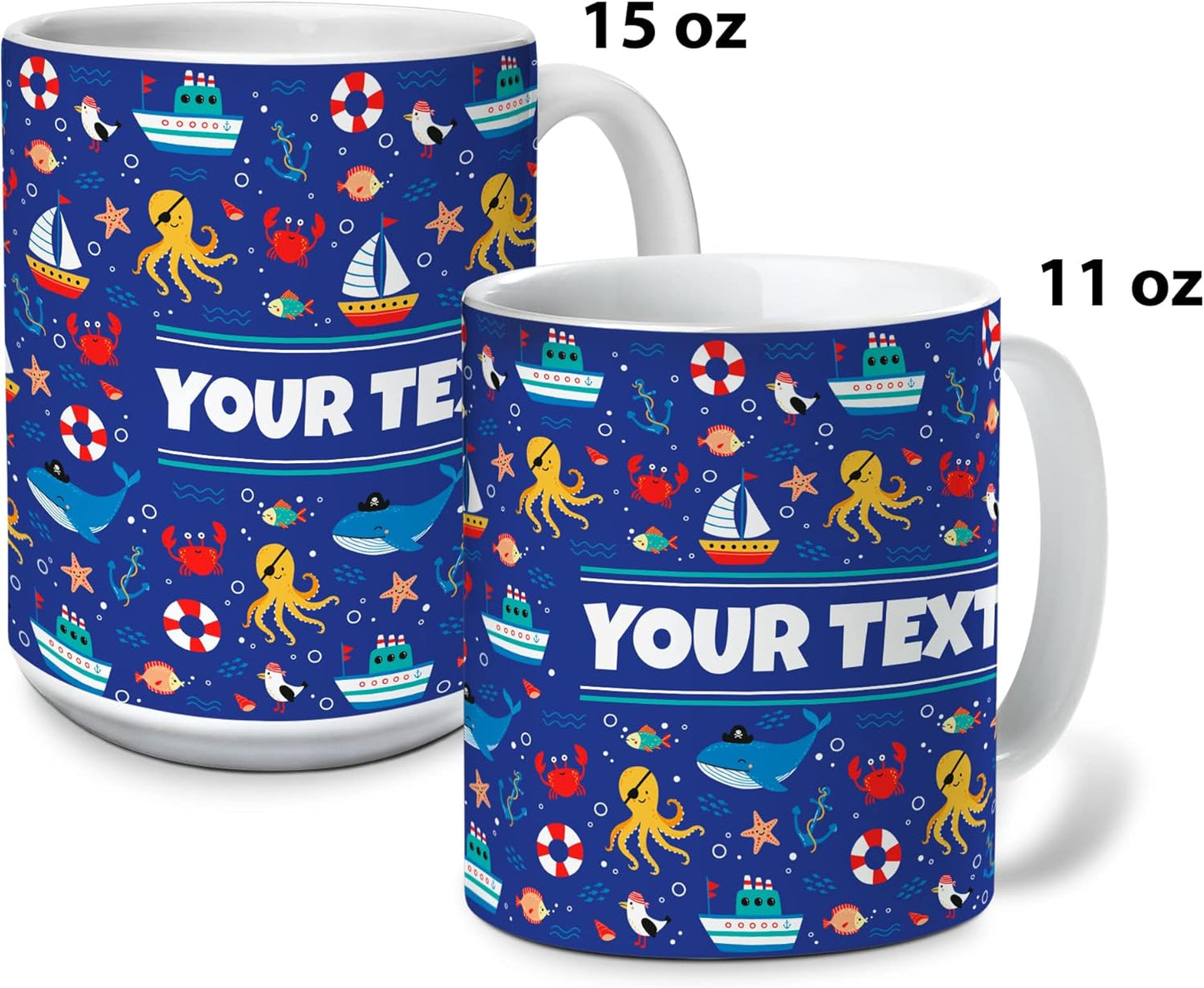 Personalized Mug for Kids - Nautical - Custom Name/Text, Ceramic Hot Chocolate/Cocoa/Coffee Cup for Boys/Girls, Birthday/Christmas/Holiday Gift - 15 oz, Red Handle