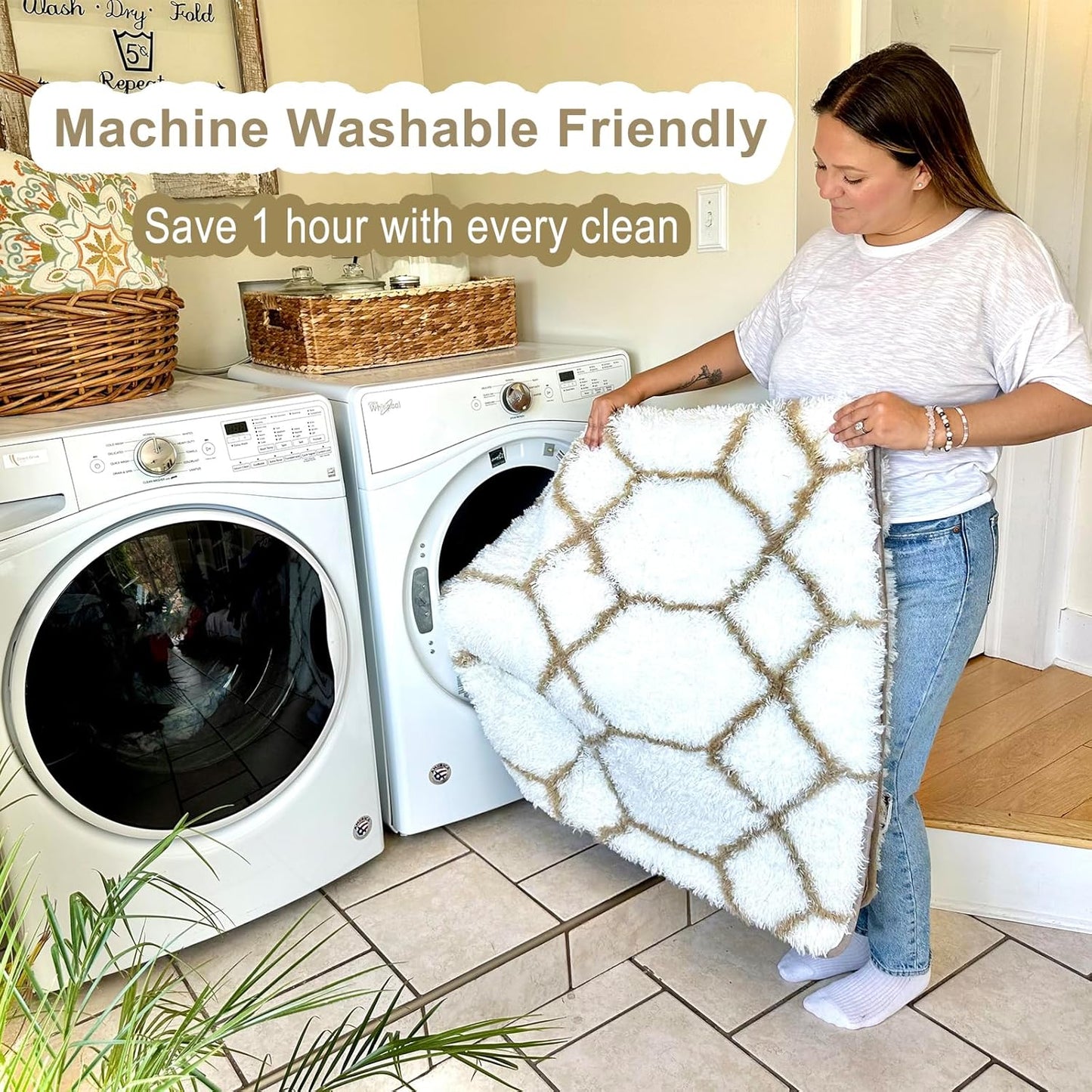 ONASAR Large Living Room Area Rug 6x9, White and Beige Geometric Rugs Floor Mat for Bedroom Home Decor Aesthetic, Soft Fuzzy Shaggy Plush Fluffy Moroccan Carpet for Dorm Classroom Farmhouse