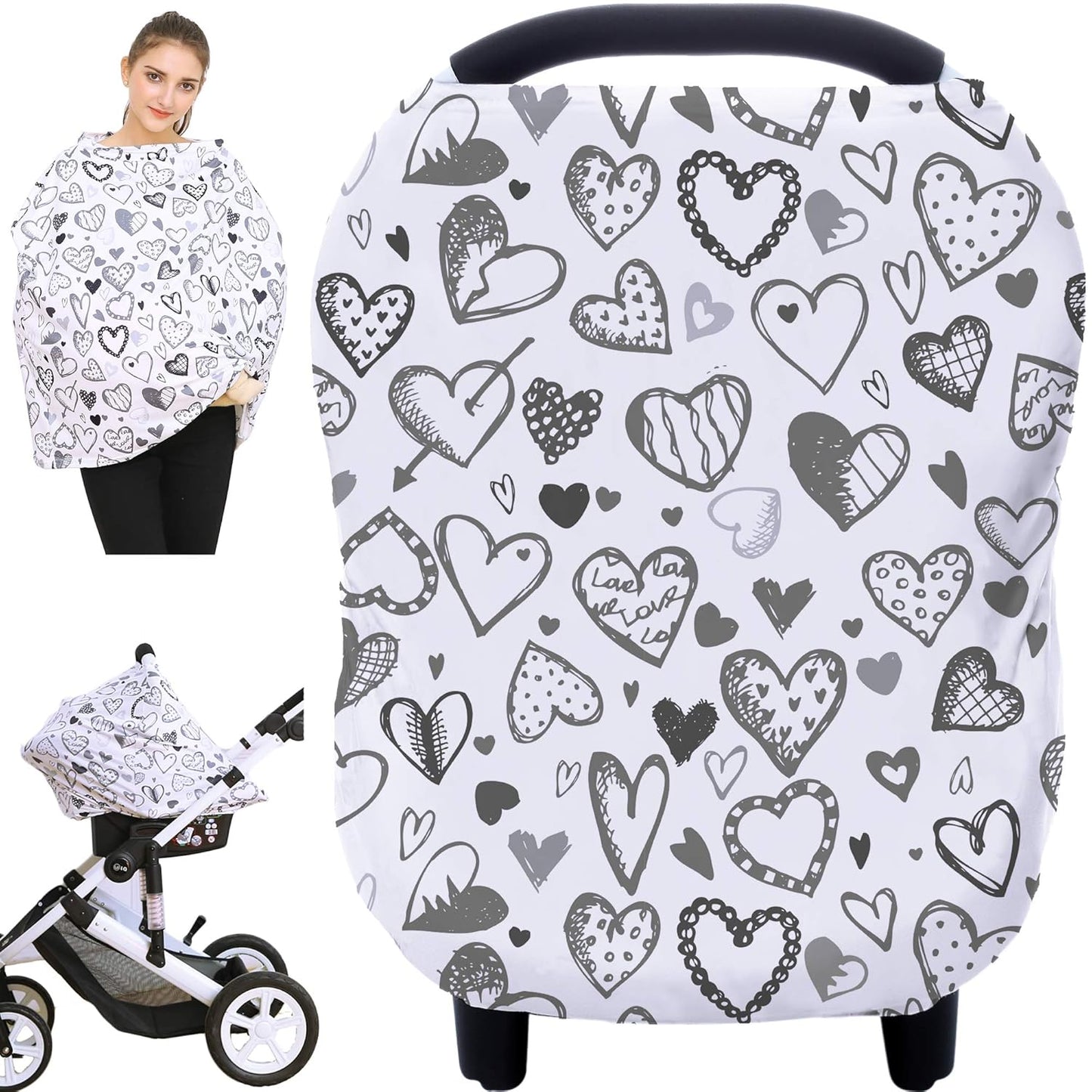 Baby Car Seat Covers, Carseat Canopy, Boys Girls Privacy Breastfeeding Cover (Grey Heart)