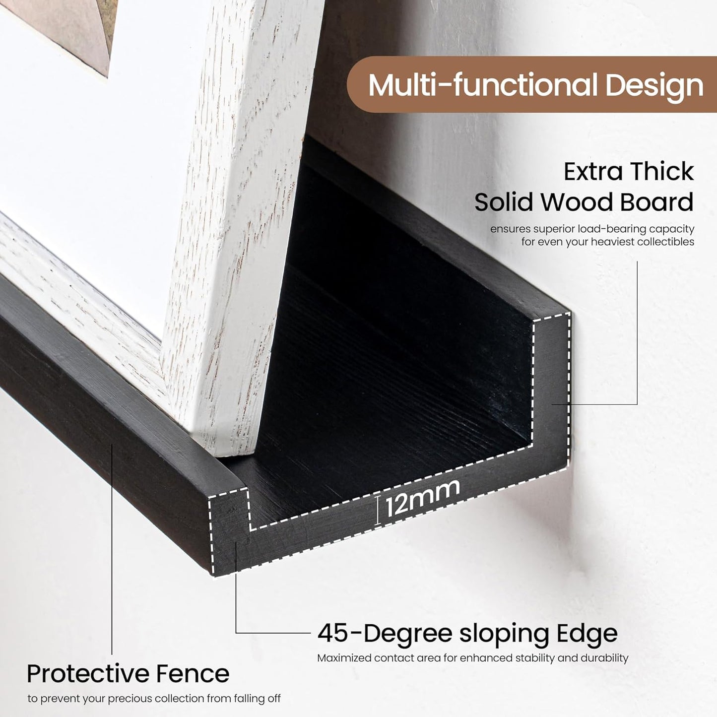 Picture Ledge Shelf, Solid Pine Wood Floating Shelves Set of 2, 40 Inches Nursery Book Shelves for Toys Storage, Kids Bookshelf Wall Mounted for Living Room Bedroom Decor Books Photo Frames, Black