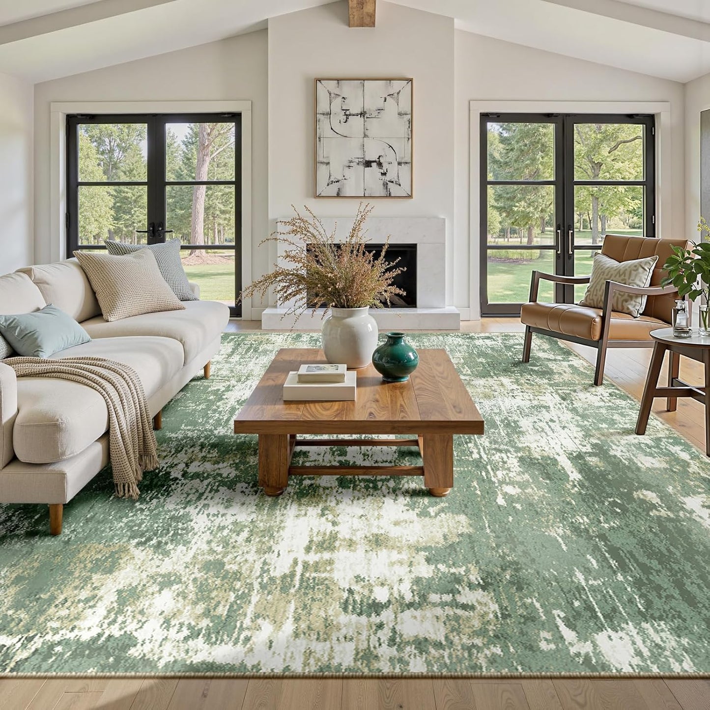 Washable Area Rugs 6'x9' Non-Slip Modern Abstract Soft for Living Room Entryway Bedroom Nursery, Print Pattern, Light Green/Yellow