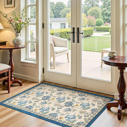 jinchan 3x5 Floral Rug for Entryway Washable Kitchen Rug Vintage Romance Design Small Mat Non Slip Indoor Doormat Lightweight Low-Profile Throw Carpet for Entrance Bathroom Laundry Room, Blue/Beige