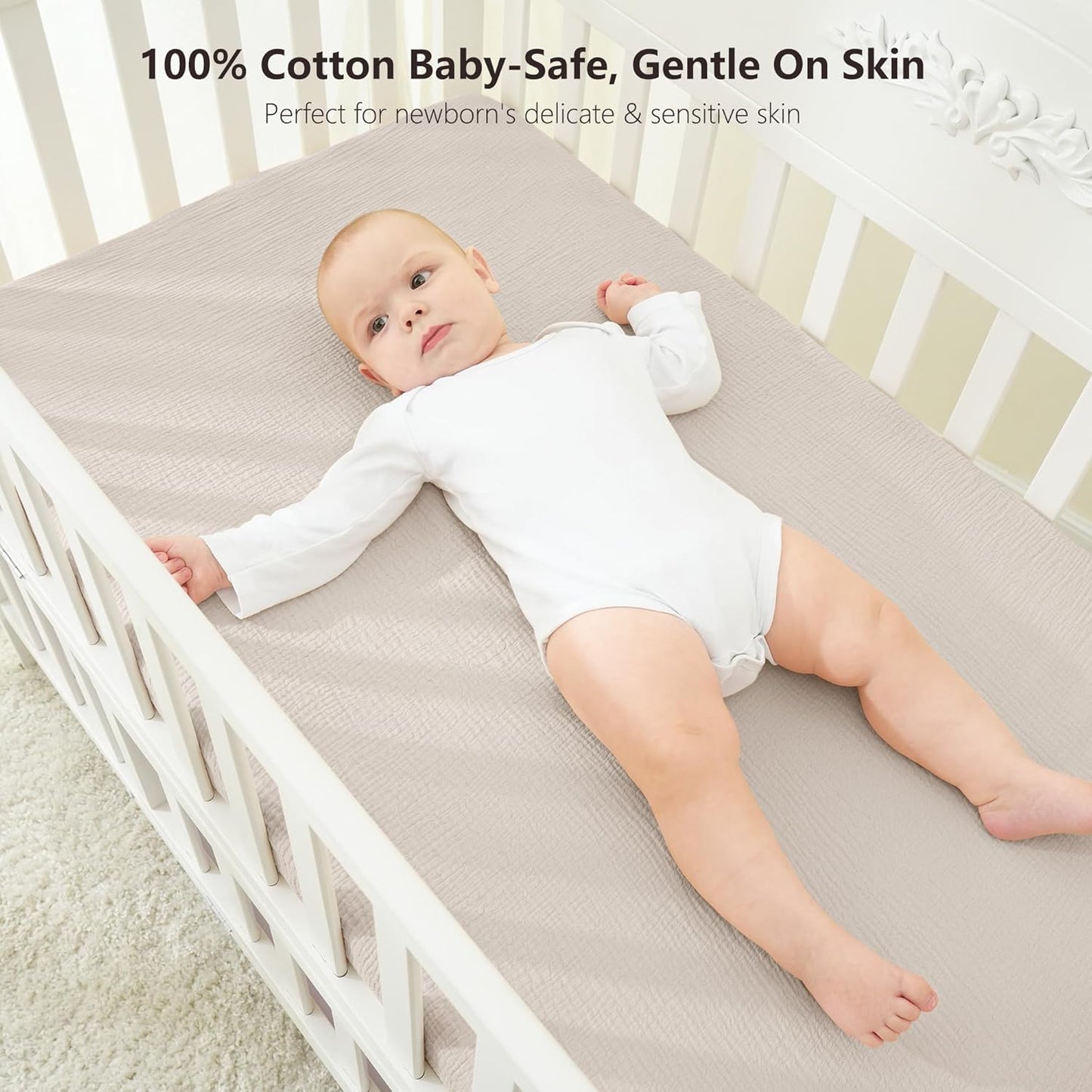 Bearmoss Muslin Mini Crib Sheets for Pack N Play Mattress - 100% Cotton - 38"x24" Soft Breathable Playard Baby Crib Sheets Neutral for Boys Girls - 2 Pack (White Star)