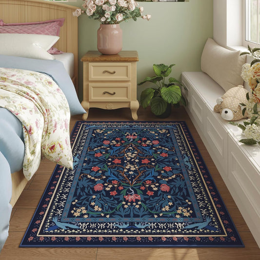 Bedroom Rug 3x5 Rug Washable Area Rug Non Slip Low Pile Vintage Floral Botanical Small Carpet for Bedroom, Bedside, Kitchen, Entryway, Kids Room, Office, Blue