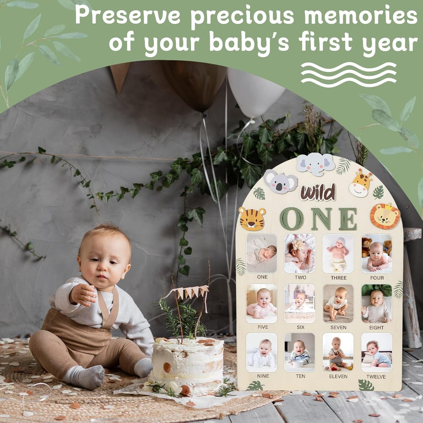 Photo Board Jungle Animals Birthday Party Wooden Board Decorations 12 Monthly Milestone Picture Frame One Year Old Wood Sign 1st Birthday Photo Banner for Baby Boy Girl Keepsake Gift Supplies