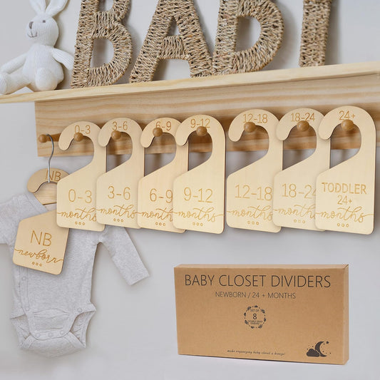Baby Closet Dividers for Clothes Organizer - Set of 8 Beautiful Wooden Double-Sided Baby Clothes Size Organizer from Newborn to 24 Months for Nursery Decor