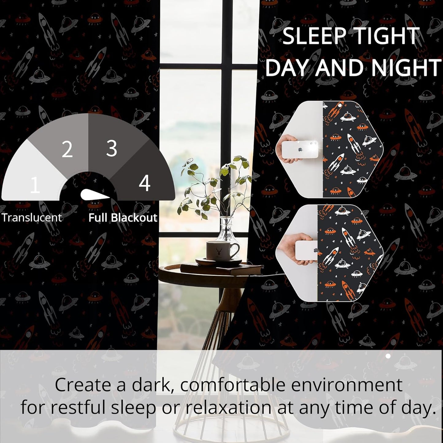 Kids Space Themed Blackout Curtains - 100% Blackout, Thermal Insulated, Noise Reducing, Perfect for Kids Room and Nursery, 2 Panels (Starlight Rocket Chase, W52×L84)