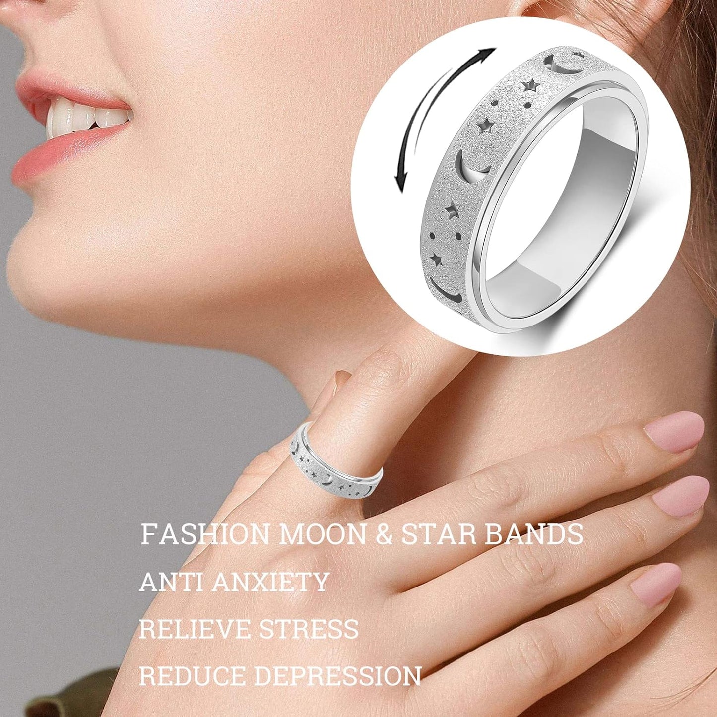 OreilleStar Anxiety Ring for Women Spinner Ring Stainless Steel Fidget Ring Fidget Toys Adults Spinner Rings Fidgit Ring Men Silver Size 6
