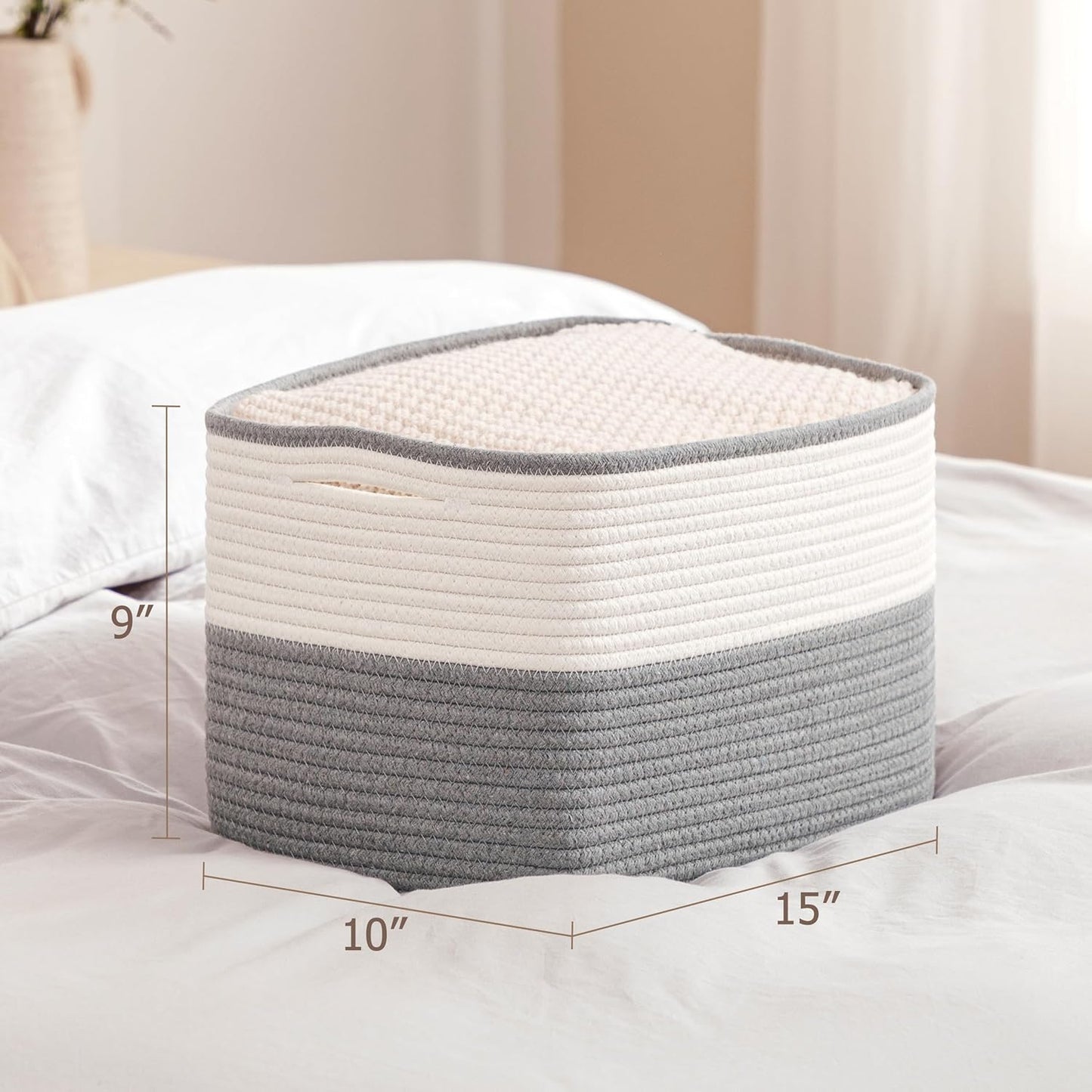 UBBCARE 4 Pack Baskets for rganizing, Woven Storage Baskets for Toys and Towel, Rectangle Cotton Rope Basket with Handles, 15''L x10''W x9''H, Grey