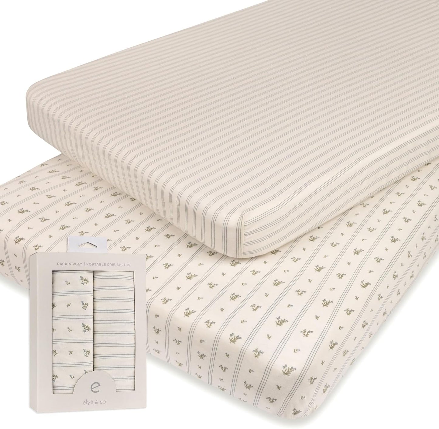 Ely's & Co. Pack and Play Sheets, for Mini/Portable Crib, 2 Pack Fitted Playpen Play Yard Sheet Set Compatible with Graco Pack n Play, for Baby Boys, 100% Cotton, 38”x24”x5” Blue Linear Berry Leaf