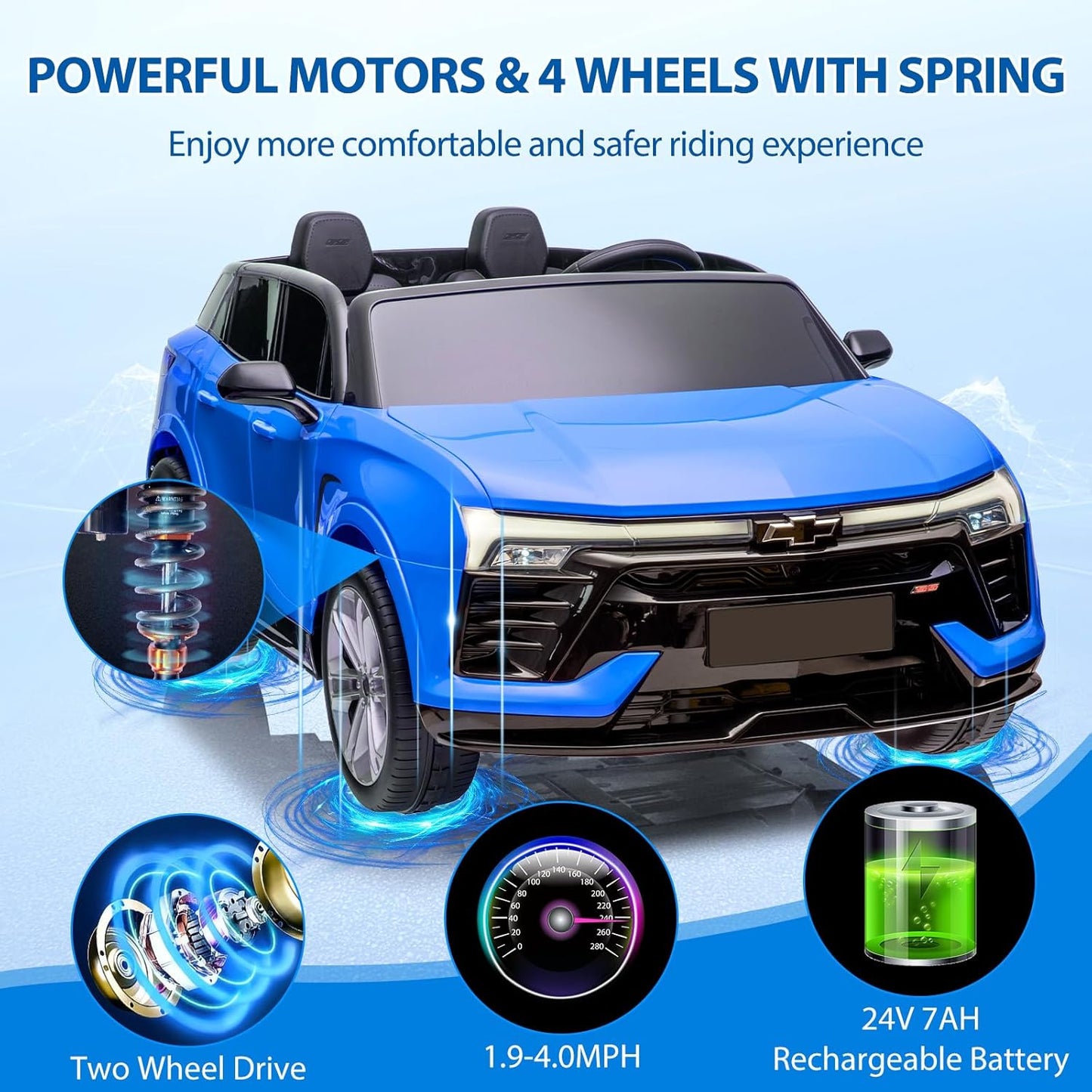 Jojoka Baby Car 24V 2-Seater SUV Licensed Chevrolet Blazer Ride On Toy w/Parent Remote Control,4xSpring Suspension, Wireless Music, Electric Vehicle Car for Kids Ages 3-8,Blue