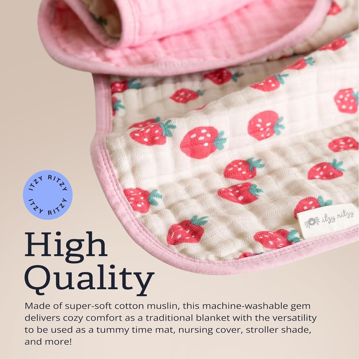 Itzy Ritzy Baby Blanket – Soft Cotton Muslin Multi-Use Blanket - Can Be Used as a Tummy Time Mat, Nursing Cover, Stroller Shade & More – Measures 30" x 40", Machine Washable (Strawberry)