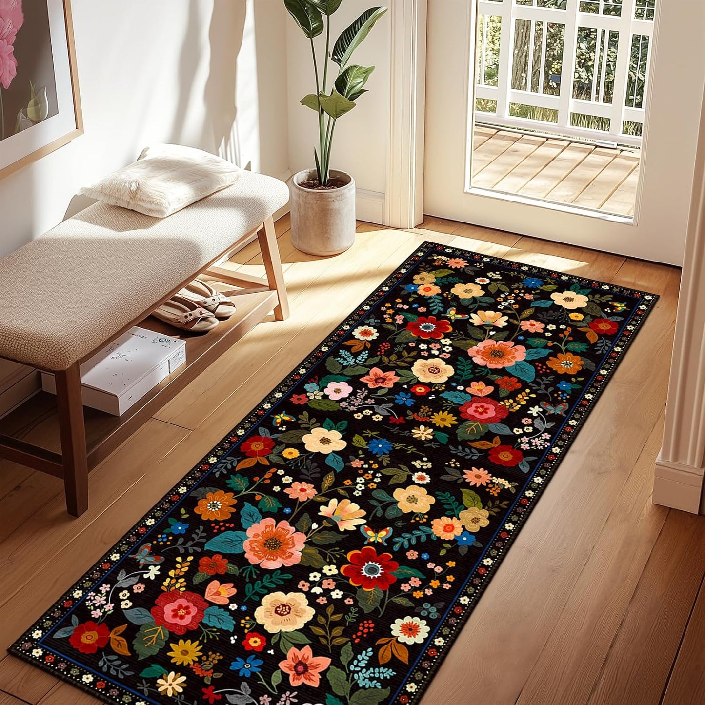 Floral 2x6 Area Rug Machine Washable Soft Print Boho Carpet Non Slip Doormat Low Pile Flower Area Rugs for Living Room Bedroom Nursery Kitchen Dining Room Indoor-Black