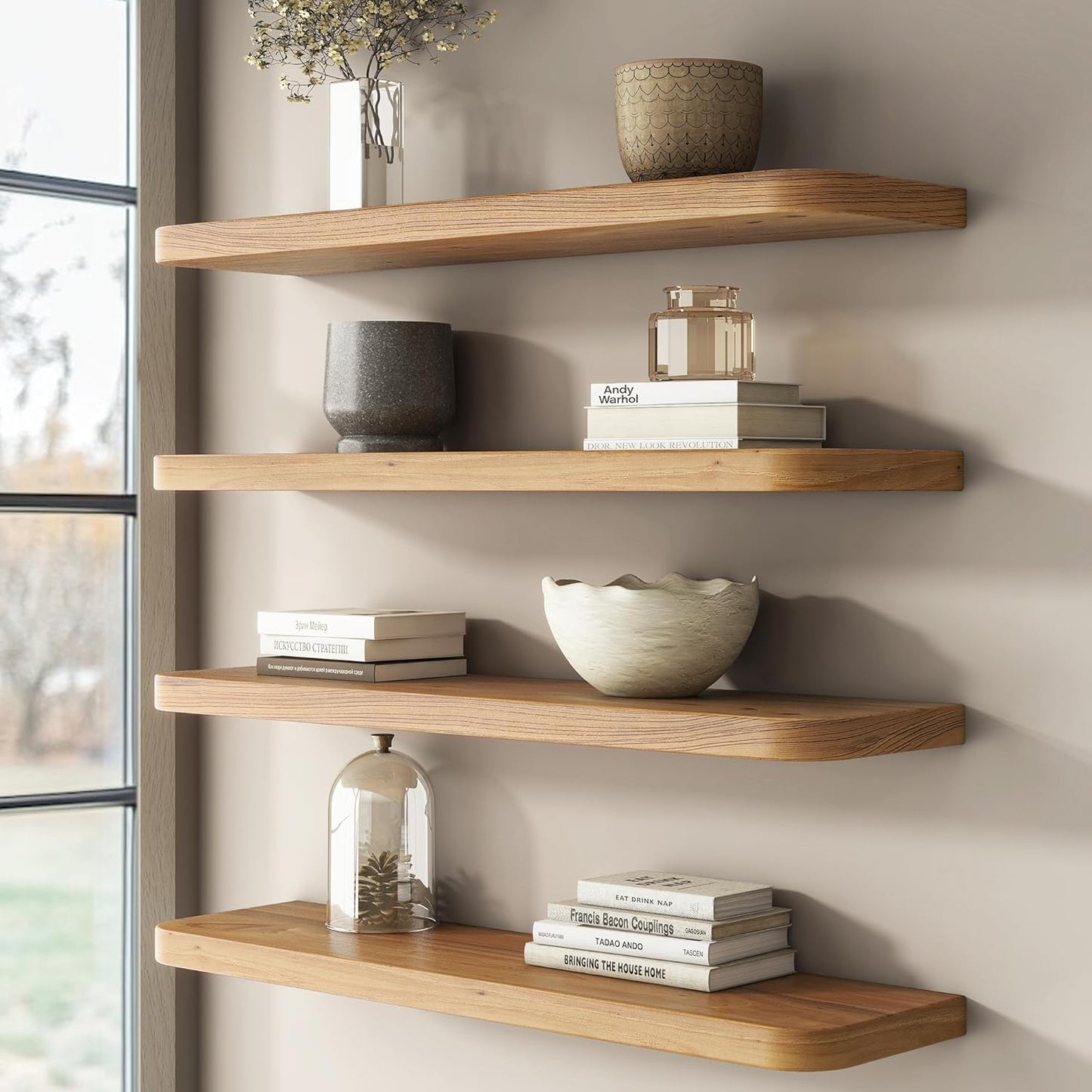 Rustic Elm Wood Floating Shelves for Wall Round Edge, 36"W x 9.2"D x 1.37"H, Set of 2 with Invisible Bracket, Wall Mounted Storage Shelves for Living Room Bedroom Kitchen Bathroom Decor, Natural