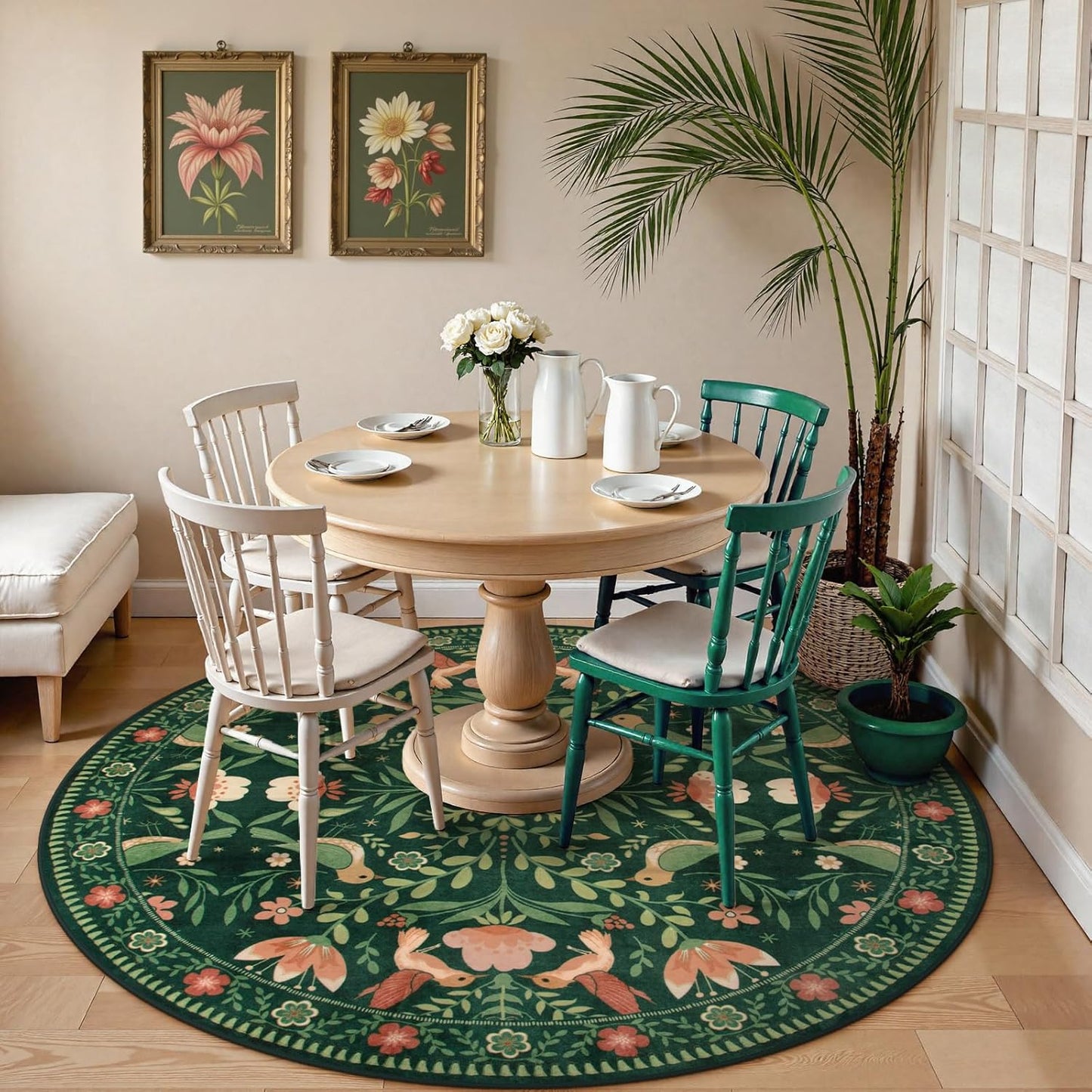 Moynesa Machine Washable Round Rug, 6ft Circle Area Rug for Living Room Non Slip, Ultra Thin, Soft, Indoor Boho Bird Dark Green 6'x6' Carpet for Bedroom Office Under Table Kid Playroom