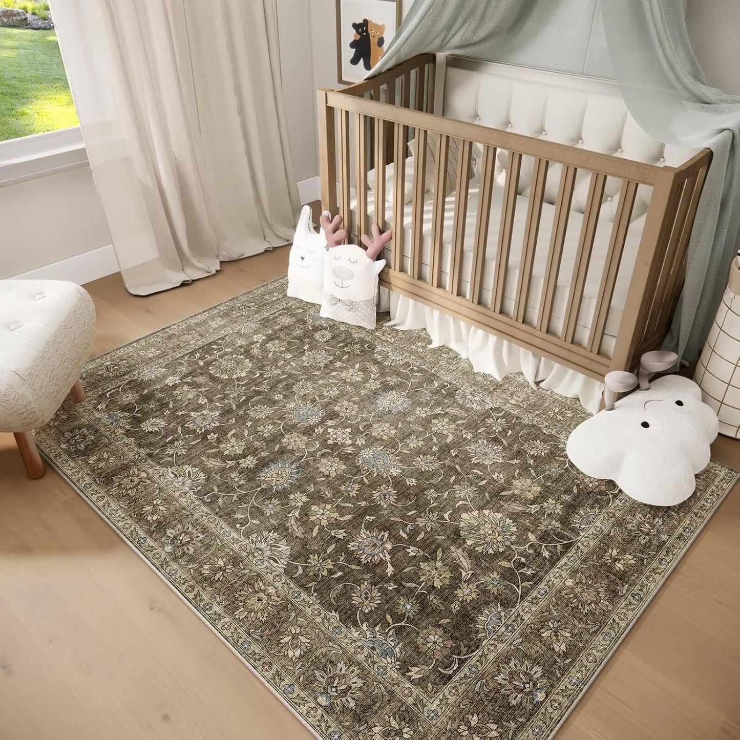 Washable 5x7 Area Rugs for Living Room, Boho Non-Slip Silicone Backing Rugs for Bedroom Dining Room Nursery Office, 0.3" Neutral Oriental Throw Carpet with 0.16" Cushioning Pad, Flaxen/Multi