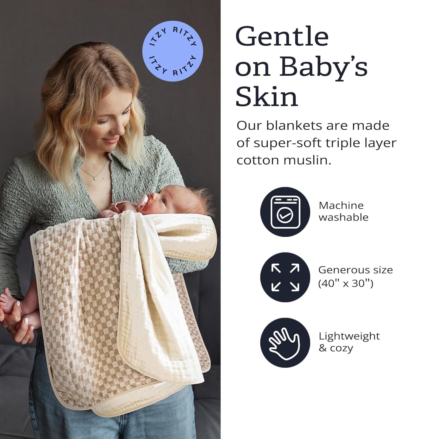 Itzy Ritzy Baby Blanket – Soft Cotton Muslin Multi-Use Blanket - Can Be Used as a Tummy Time Mat, Nursing Cover, Stroller Shade & More – Measures 30" x 40", Machine Washable (Checkerboard)