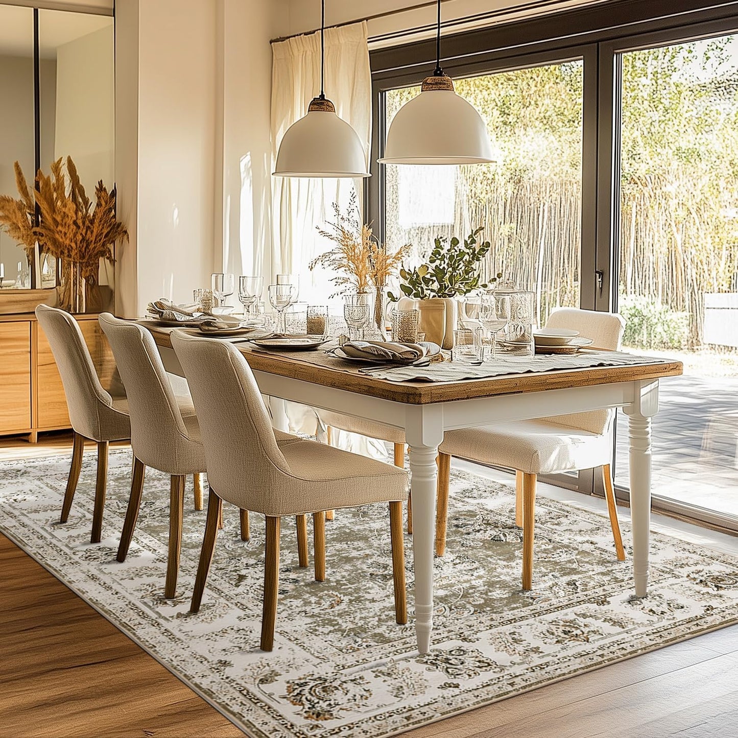 jinchan Washable Area Rug 5x7 Ultra-Thin Low Pile Non Slip Stain Resistant Soft Faux Wool Floral Distressed Vintage Carpet for Bedroom,Living Room,Dining Room,Kitchen,Nursery(Taupe, 5' x 7')