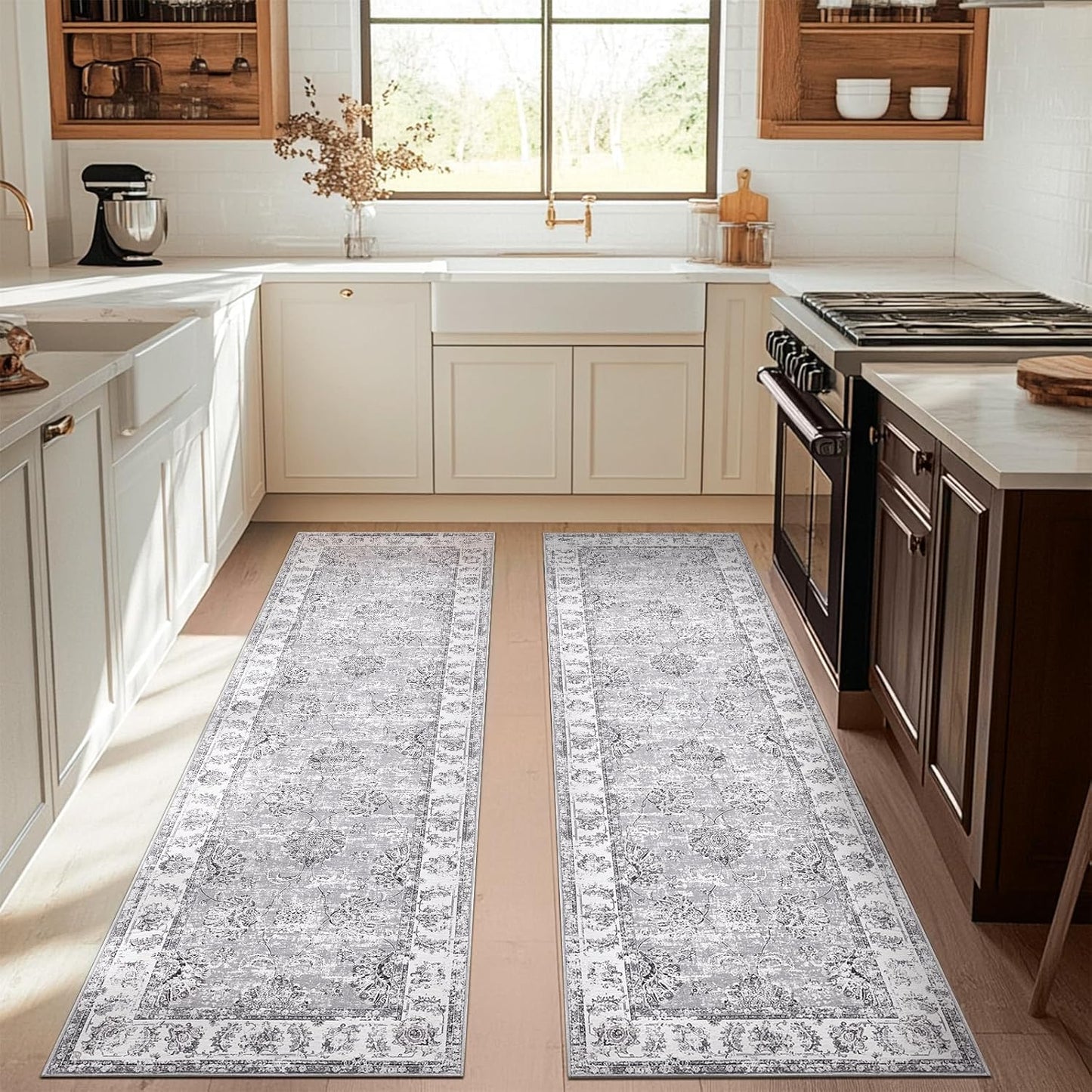 jinchan Runner Rug 3x10-2pcs Kitchen Washable Vintage Hallway Rug Floral Print Floor Cover Indoor Thin Retro Mat Accent for Bathroom Laundry Room Bedroom Office Farmhouse (Double,Grey)